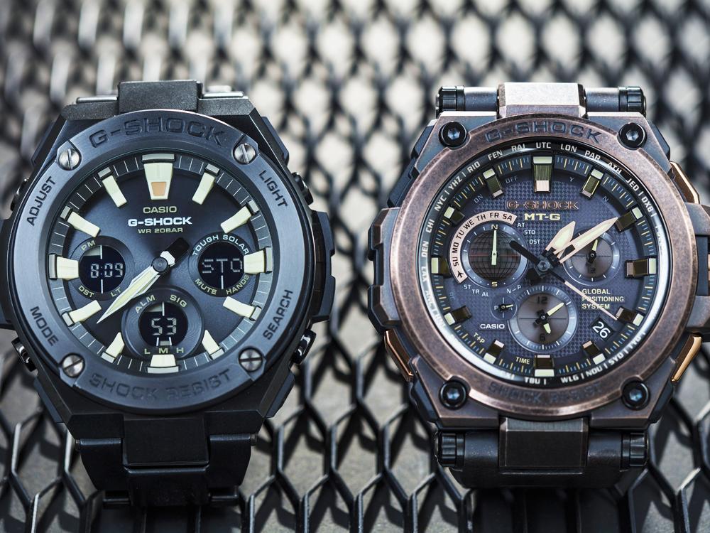 (左)CASIO G-SHOCK G-Steel/功能:時間顯示/萬年曆、世界時間、1/100秒計時碼錶等多重功能/機芯:石英機芯/建議售價:NT$14,500///(右)CASIO G-SHOCK MT-G /功能:時間顯示/GPS衛星、六局電波校時、萬年曆、世界時間、1/100秒計時碼錶等多重功能/機芯:石英機芯/建議售價:NT$52,000