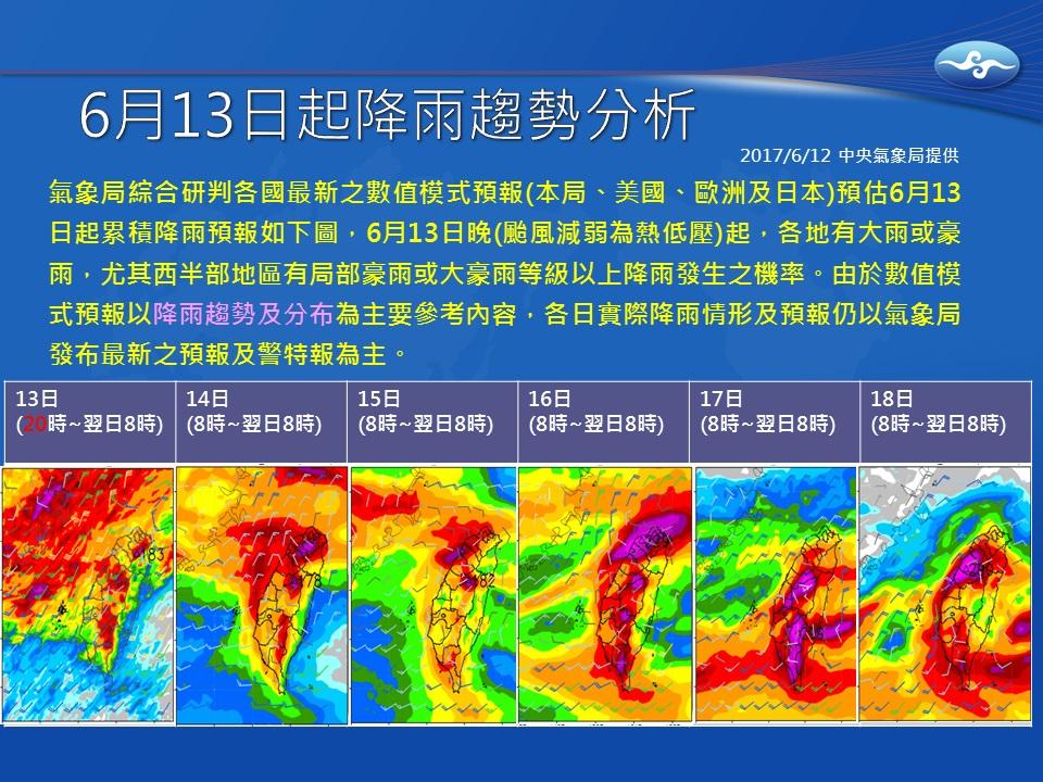 中央氣象局針對週三起的梅雨鋒面製作一張圖表,教你秒懂未來幾天全台都大量降雨。(中央氣象局提供)