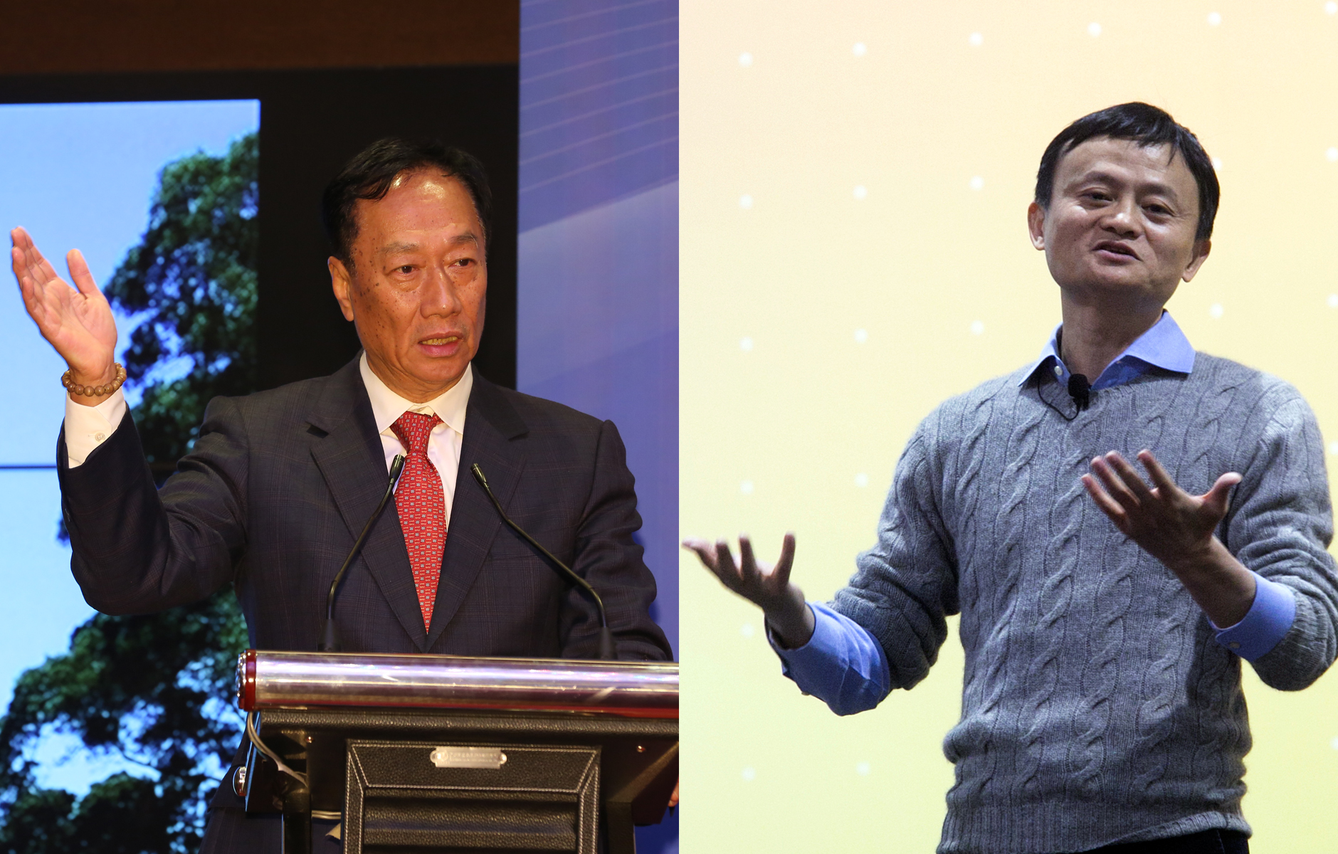 鴻海董事長郭台銘（左）和阿里巴巴創辦人馬雲（右）都認為，電商將成為歷史。