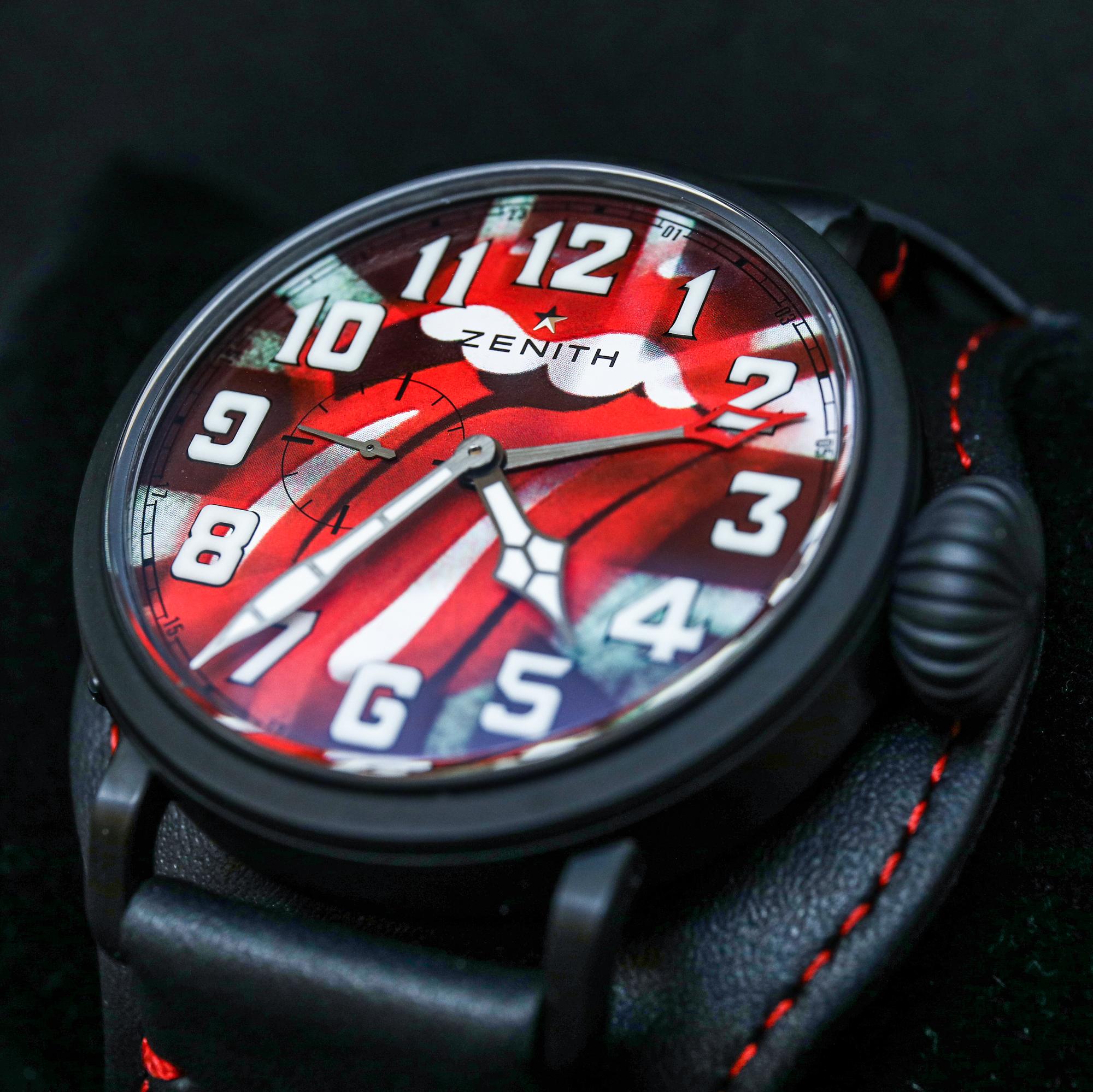 ZENITH 滾石合唱團特別版飛行錶，面盤上有滾石最著名的大舌頭標誌。