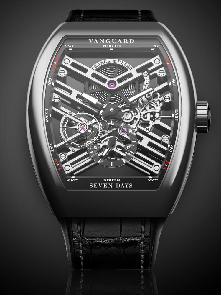 FRANCK MULLER Vanguard 7 Days Power Reserve Skeleton FM 1740七日手上鍊機芯/鈦金屬材質/尺寸53.7 × 44mm /時、分、秒顯示/藍寶石水晶錶鏡、底蓋/定價：NT$1,180,000