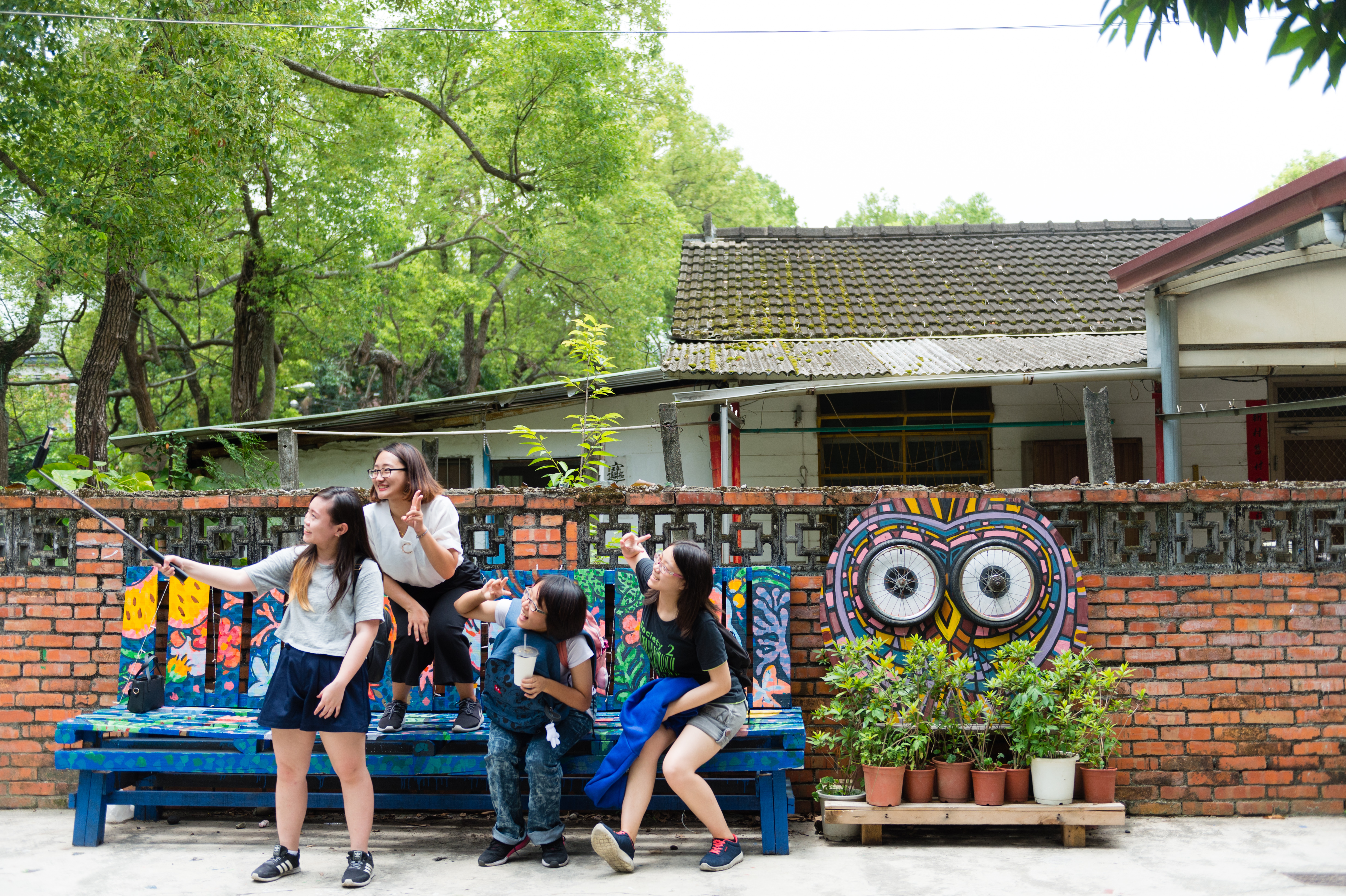 由師生共同創作的貓頭鷹裝置藝術，在光復新村的各個角落都能見到。