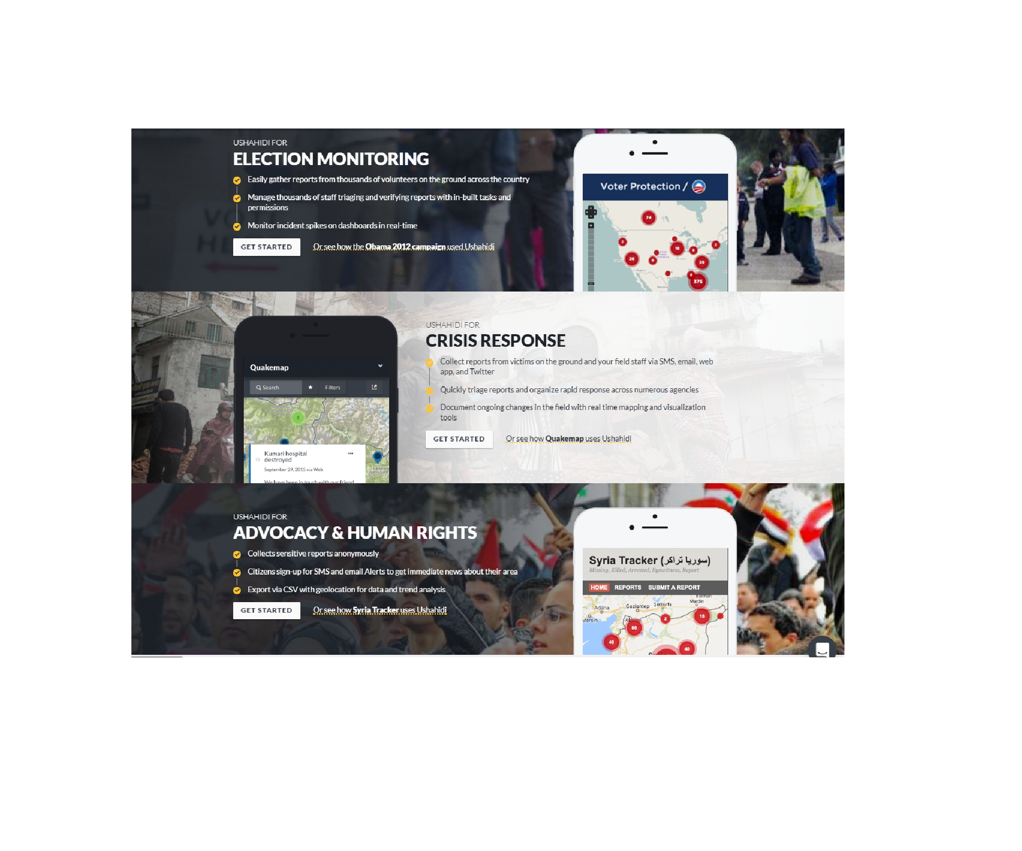 免費軟體Ushahidi是個開放原始碼的線上通報系統，伊拉克戰區記者可利用此軟體，掌握即時災情通報。（翻攝Ushahidi）