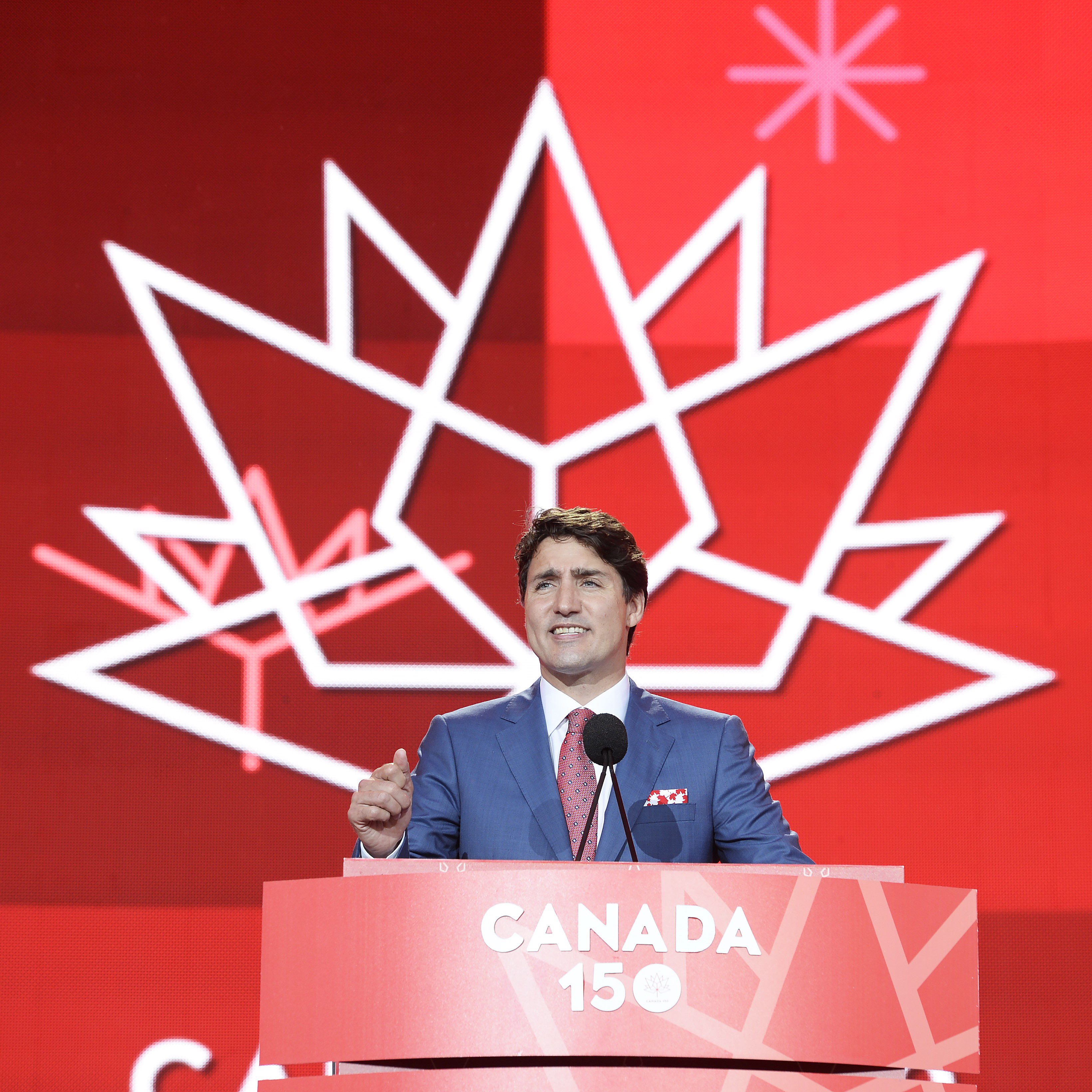 加拿大總理杜魯道在建國150周年紀念活動上，意氣風發地發表演說。