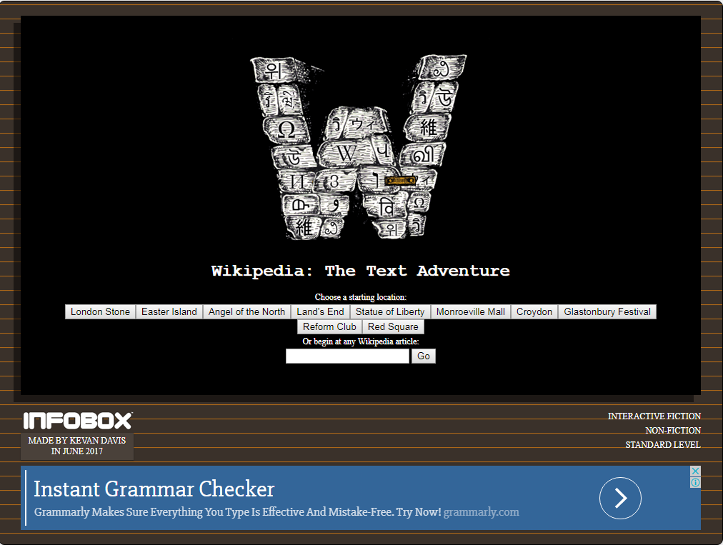 《維基百科：文字冒險》遊戲起始畫面，可以直接點選首頁出現選項，也能自行輸入想探索的地點。（kevan.org/wikitext/）