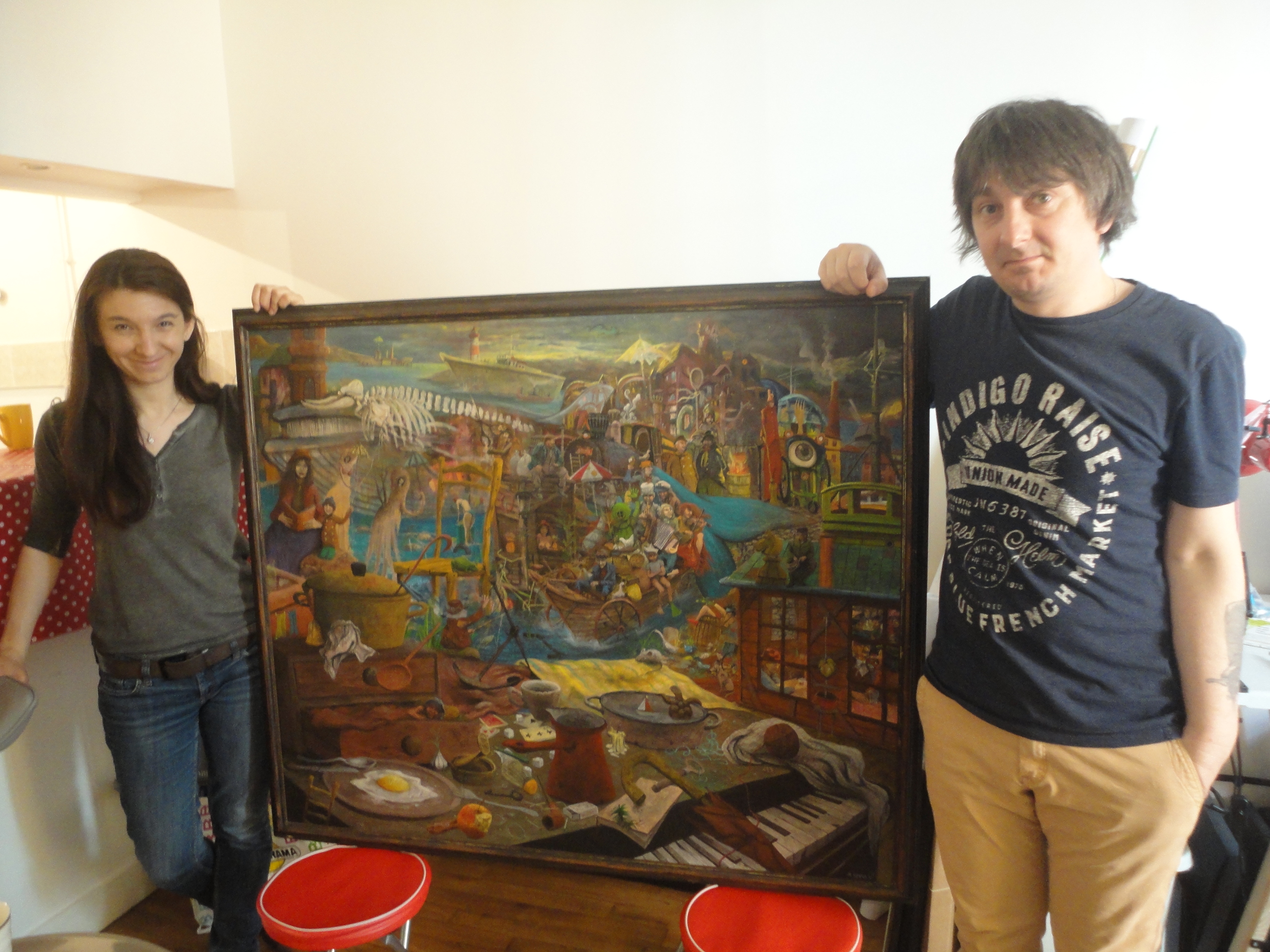 漫畫家米羅斯拉夫-賽古歷奇及女友與作品合影,
