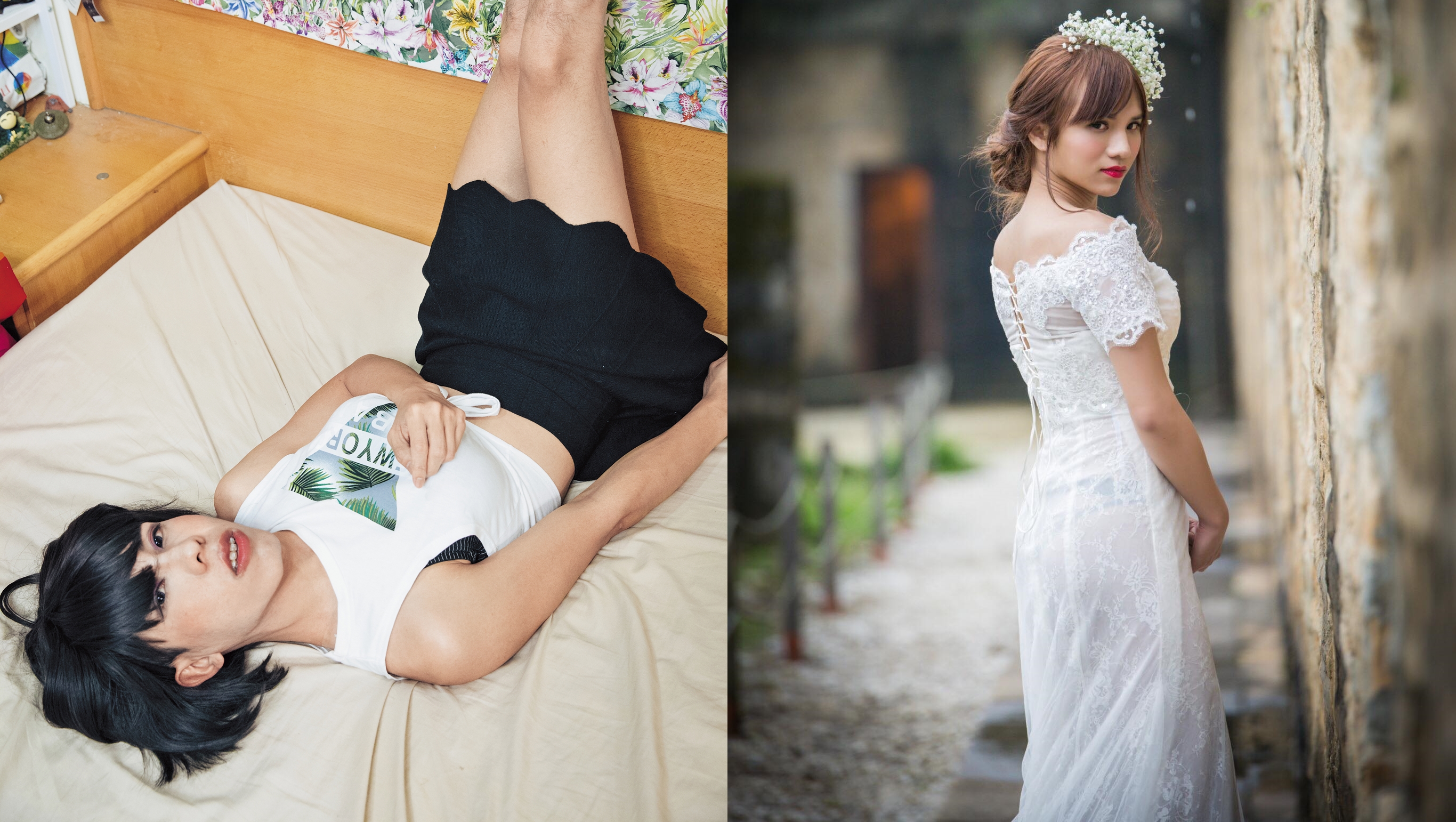 很多人說林進(左)扮女裝好看，但林進日常並不會做女裝打扮。小A辣(右)雖是偽娘，但吸引不少跟女性有關的廠商來合作，例如婚紗攝影、私處清洗液、接髮等等。（翻攝自小A辣臉書）