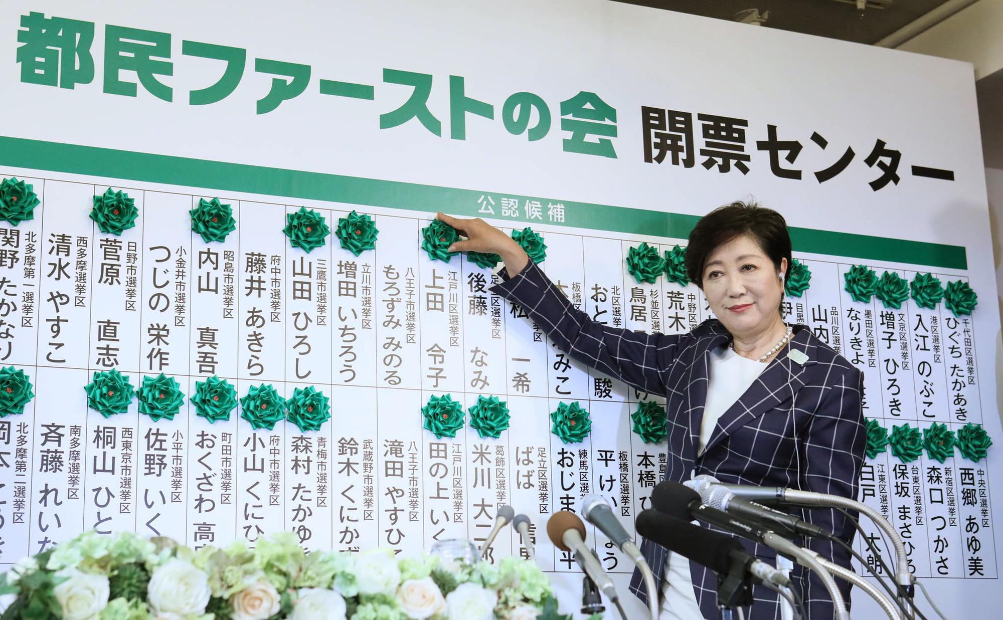 東京都知事小池百合子，慶祝自創黨派「都民第一之會」大勝。