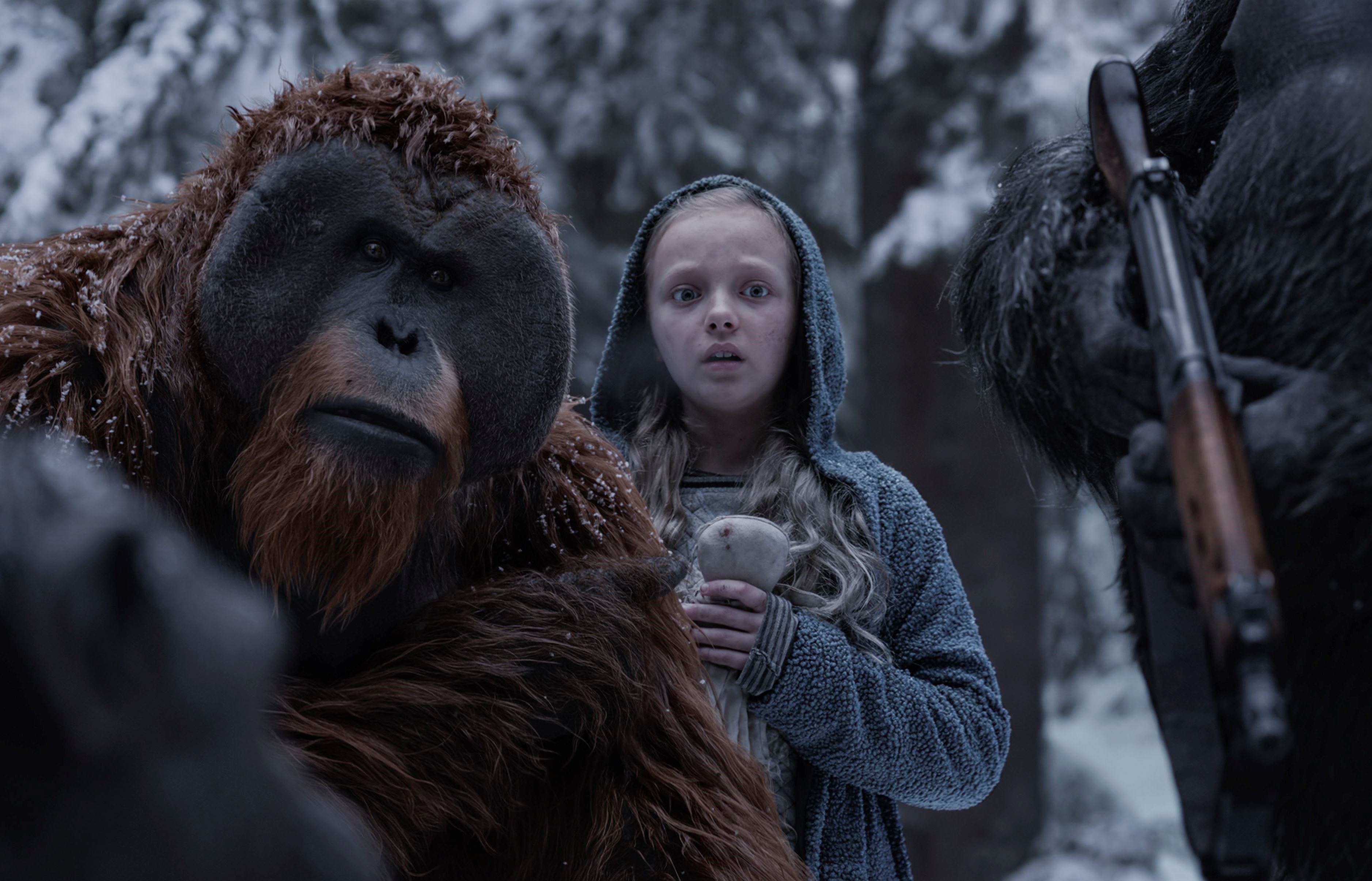 凱撒所帶領的猩猩族群在荒野村落發現一名神祕小女孩，她將是改變猩猩一族的命運的關鍵人物。（福斯提供）