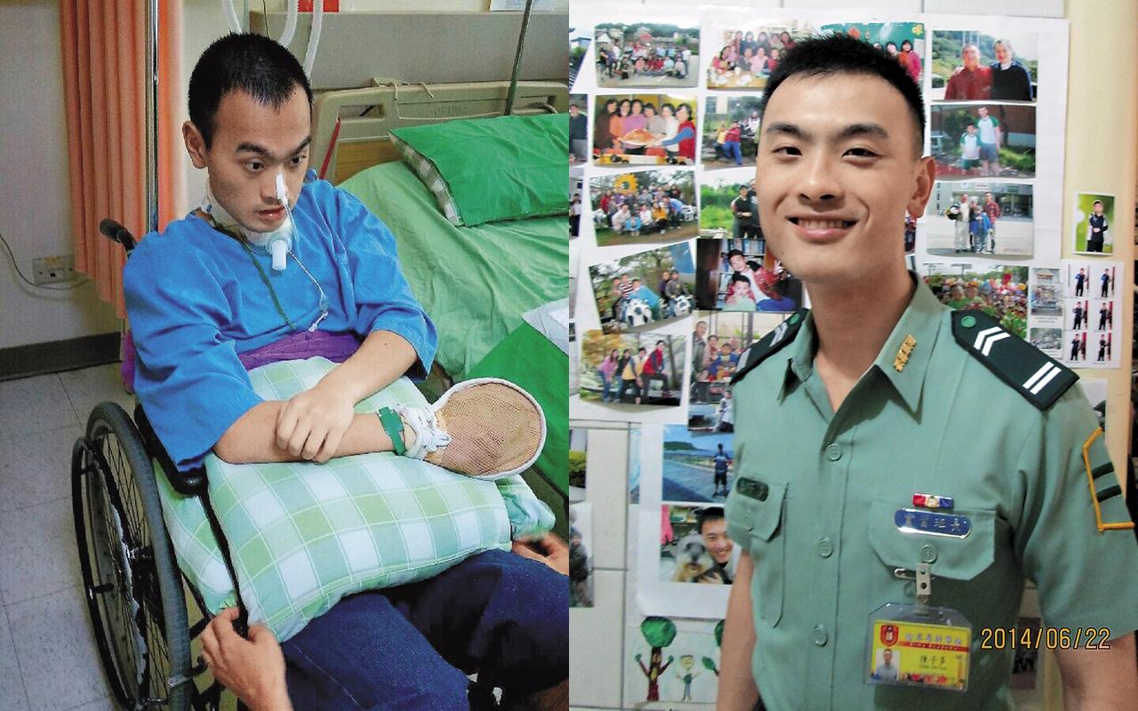 陸軍航特部下士陳子多抱著愛國心投入軍旅生活,卻在下部隊6天後發生意外,至今仍失智失能。(家屬提供)