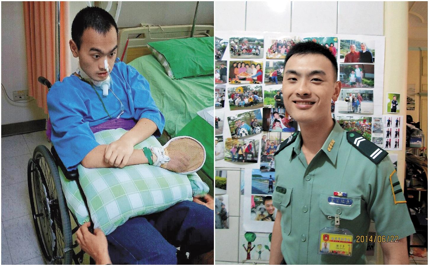 陸軍航特部下士陳子多抱著愛國心投入軍旅生活，卻在下部隊6天後發生意外，至今仍失智失能。（家屬提供）