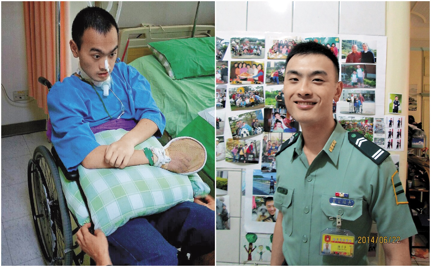 陸軍航特部下士陳子多抱著愛國心投入軍旅生活，卻在下部隊6天後發生意外，至今仍失智失能。（家屬提供）