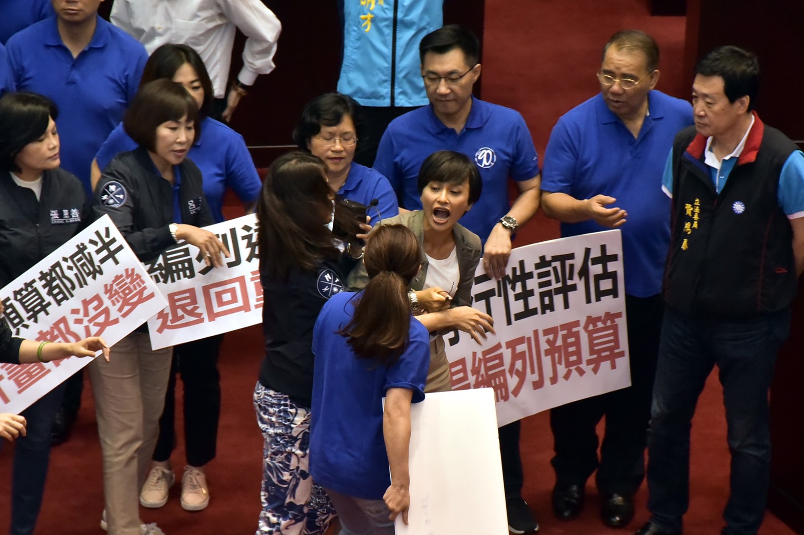 立法院上午召開談話會，處理第二次臨時會議程。國民黨團占領發言台後，藍綠發生嚴重推擠，互批「下流」。（圖：國民黨團總召林德福辦公室提供）