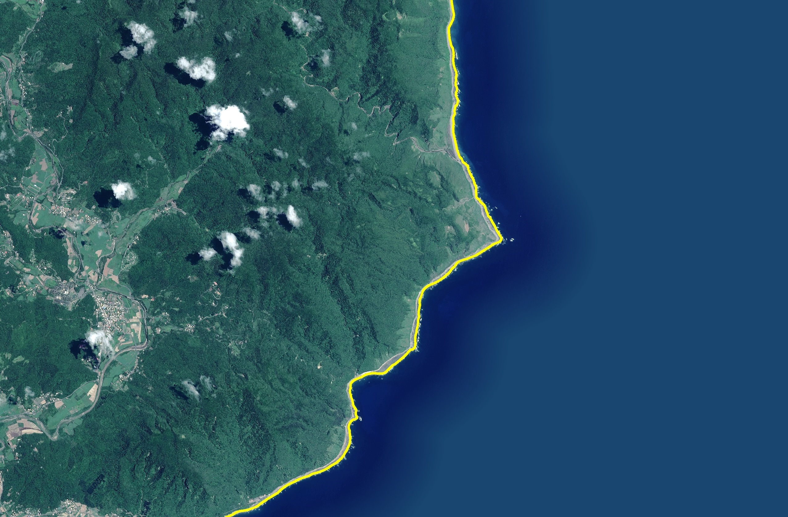 國土監測肩負國土維護的重任，圖為國土監測系統上的海岸線示意圖。