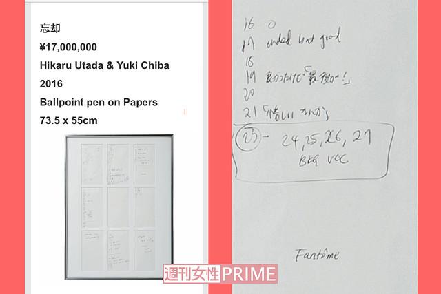 之前宇多田光的手稿被放在KOHH的官網販賣，高達1,700萬日幣。（翻攝網路）