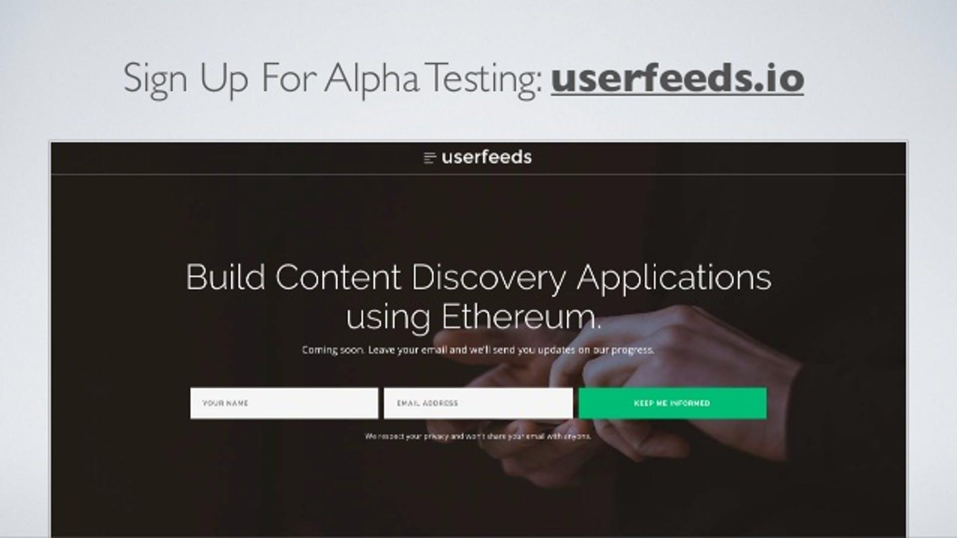 波蘭新創公司Userfeeds網站首頁介紹搭建於以太坊區塊鏈上的新聞內容搜尋應用。