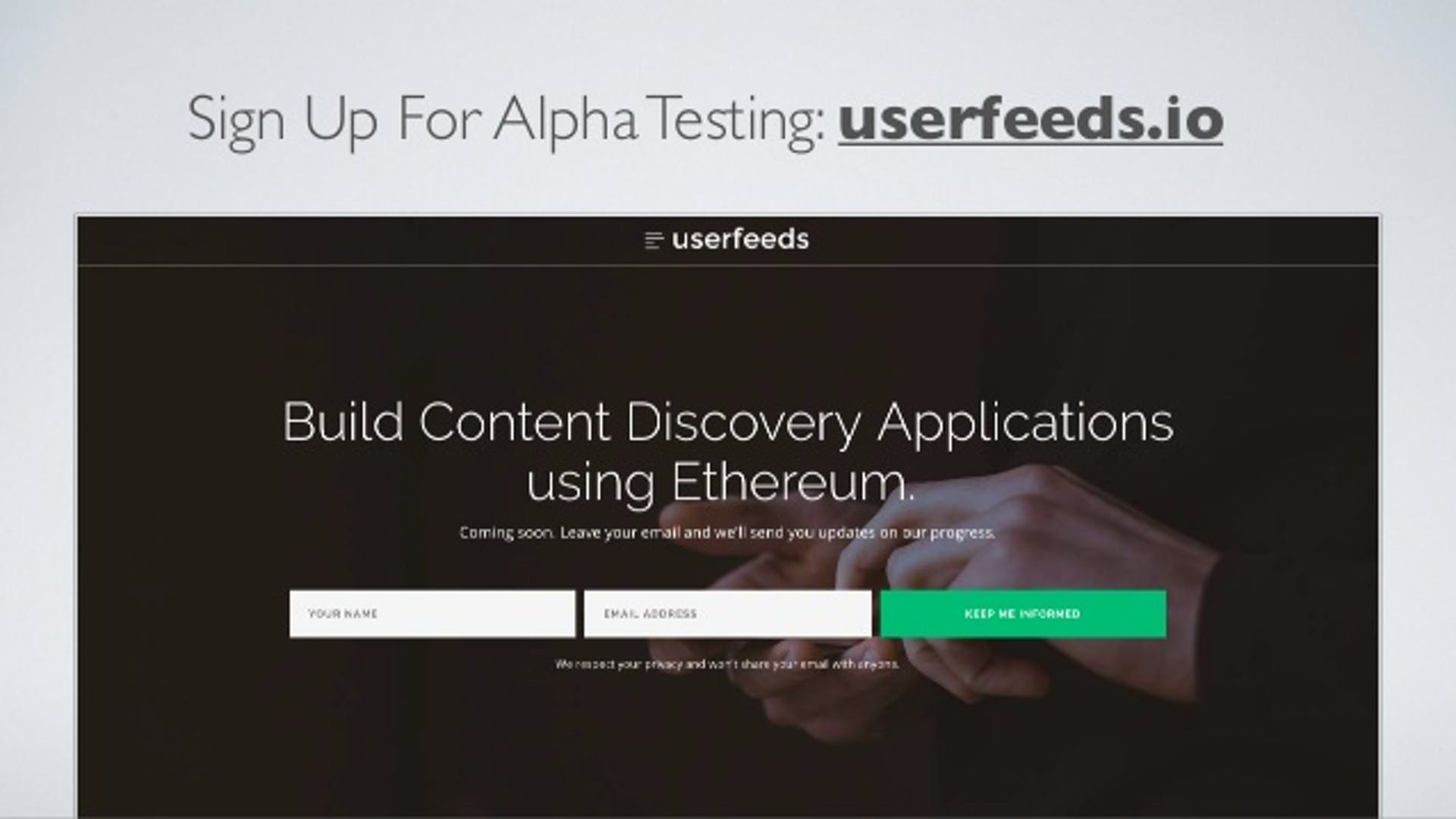 波蘭新創公司Userfeeds網站首頁介紹搭建於以太坊區塊鏈上的新聞內容搜尋應用。