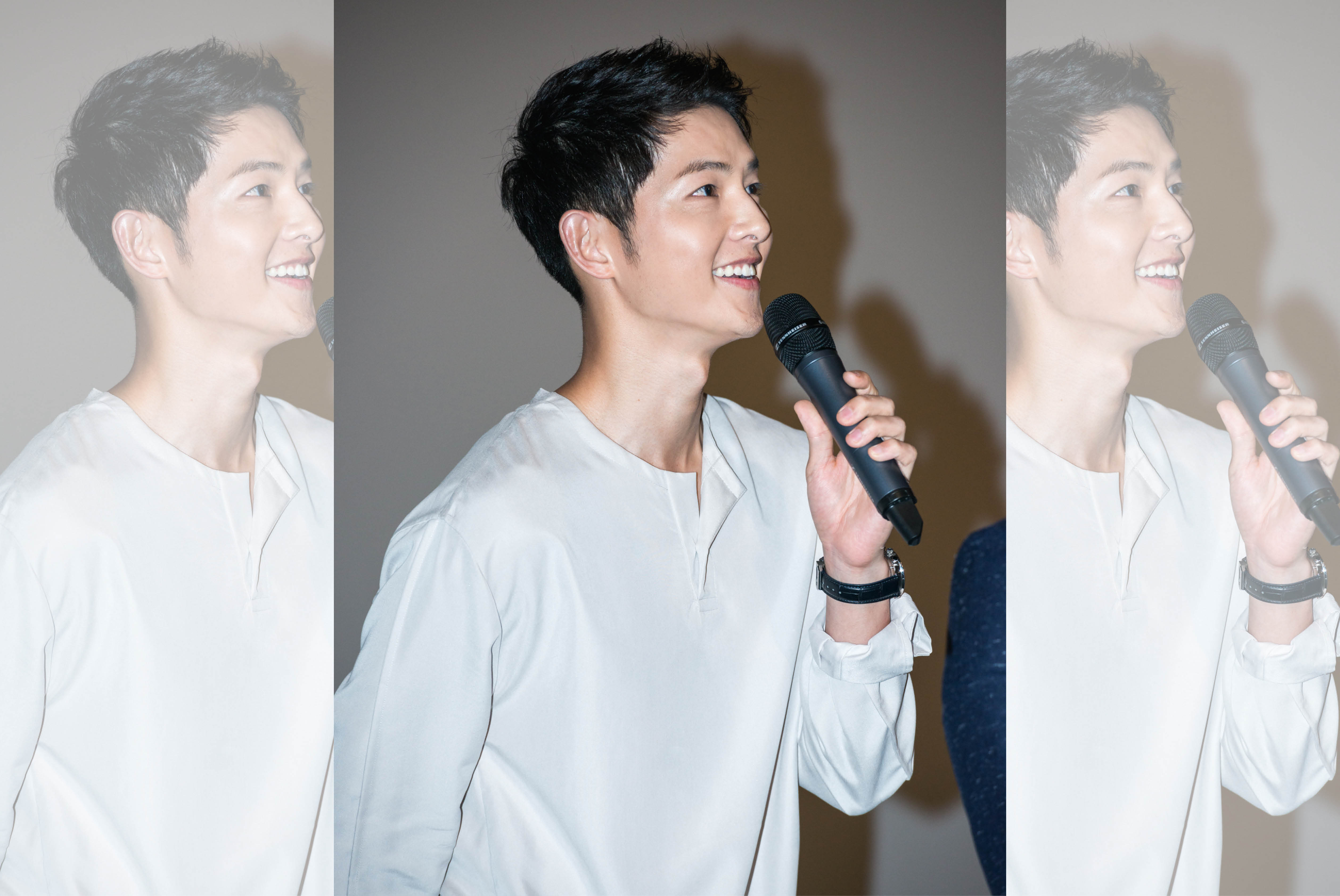 宋仲基出席《軍艦島》舞台問候時，頻頻拿宋慧喬當話題催票。