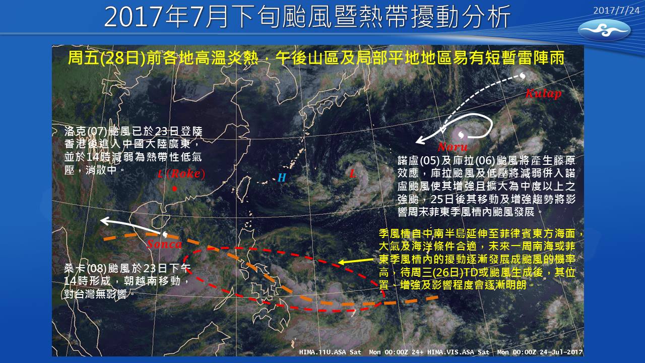 中央氣象局製作圖表，清楚標示目前西太平洋有3颱風，菲律賓附近海域還有擾動發展中。