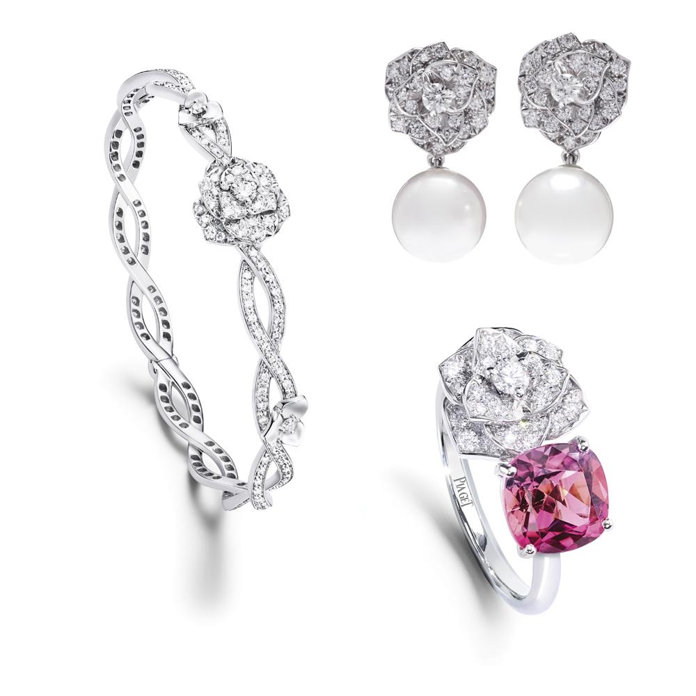 Piaget Rose手鐲,18K白金材質鑲嵌190顆美鑽,參考價NT$580,000;Piaget Rose耳環,鑲嵌78顆圓形美鑽(約0.90克拉)及2顆Akoya珍珠,參考價NT$326,000;Piaget Rose指環,鑲嵌39顆圓形美鑽(約0.45克拉)及單顆粉紅色碧璽(約1.98克拉),參考價NT$301,000。