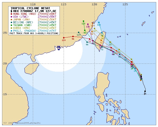 根據各國預測路徑，輕颱尼莎登陸台灣的機會很大，只是位置有差別。（翻攝自typhoon2000網站）