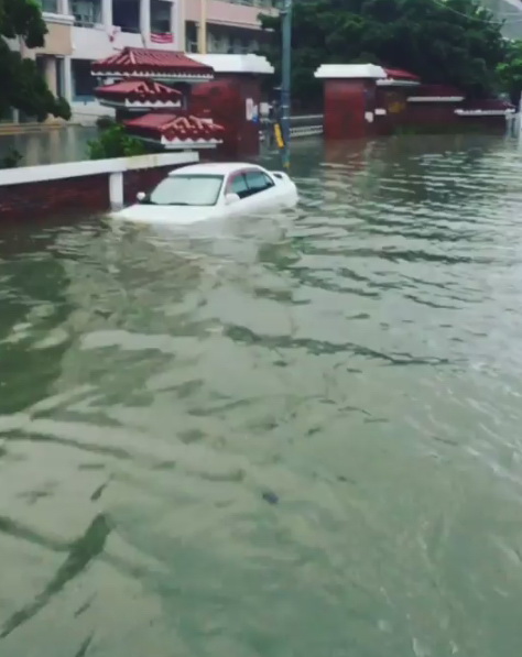 暴雨轟炸屏東地區,水淹半個人高,許多車輛都遭殃,拋錨在路中。