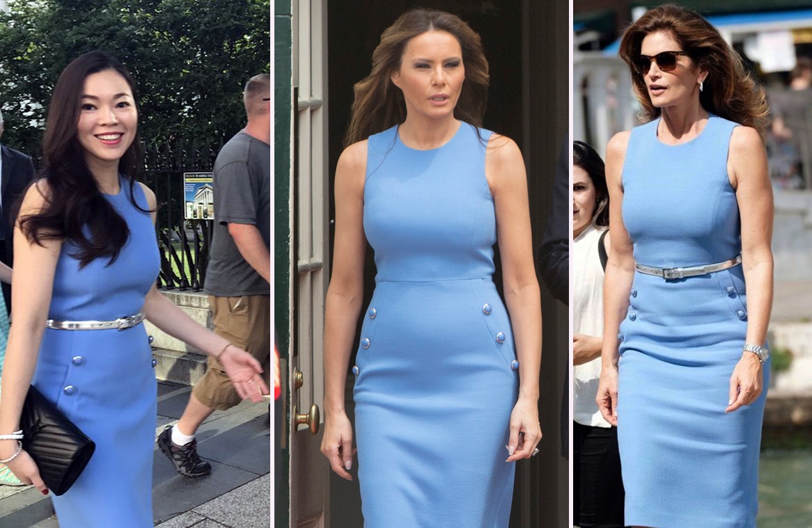 曾馨瑩（左）與第一夫人梅蘭妮亞（中）撞衫，其實傳奇超模辛蒂克勞馥（右）更早就穿過同一件洋裝。