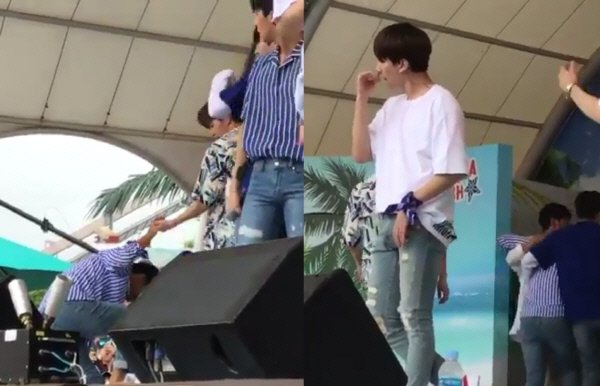 VIXX隊長N在表演中途體力不支暈倒，被成員扶回後台。（網路圖片）