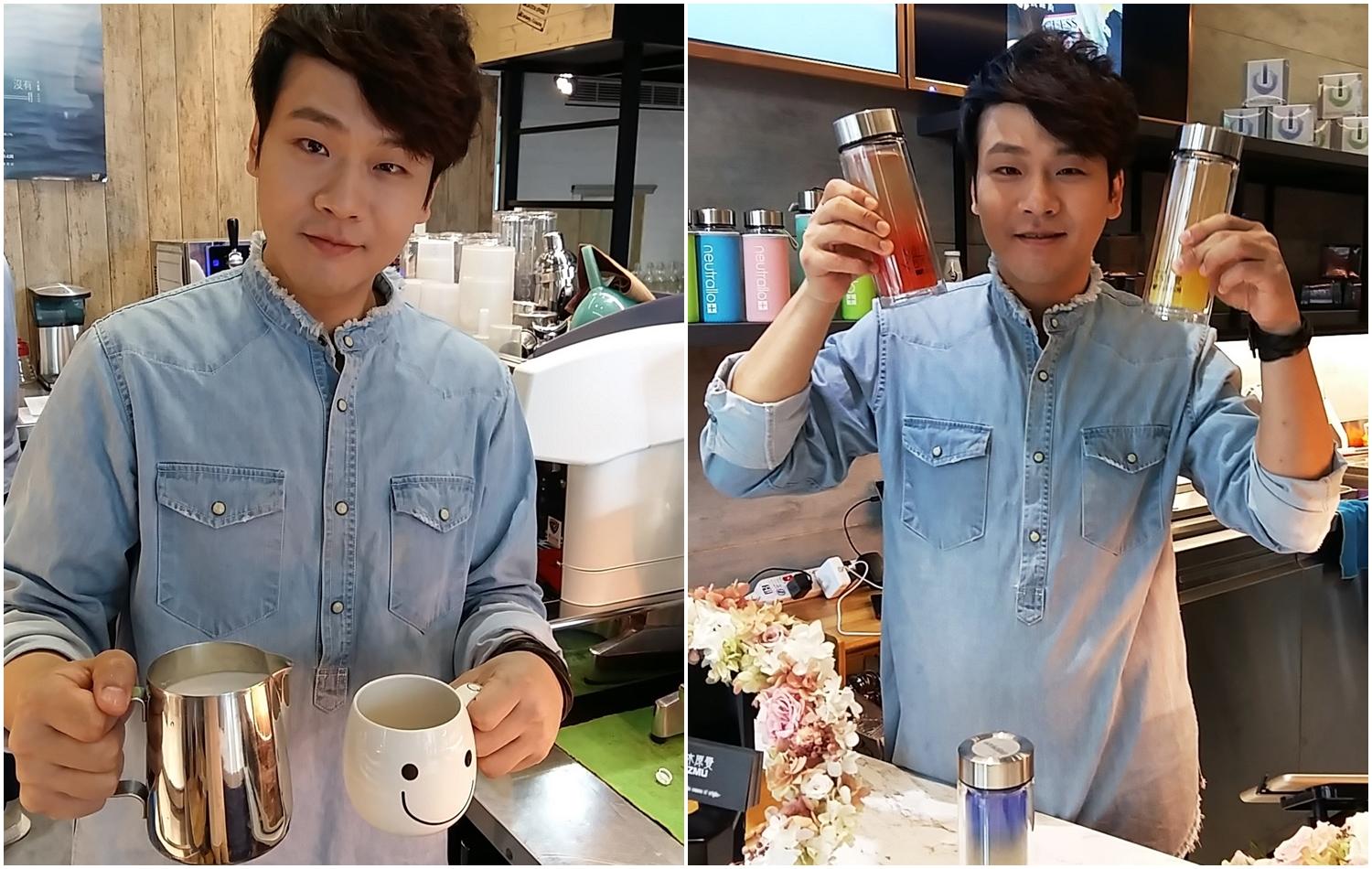 李崗霖(左)很愛喝黑咖啡,每天至少喝一杯黑咖啡是他多年來養成的習慣。他自資3百萬元發行新專輯,日前更到飲料店擔任一日店長。
