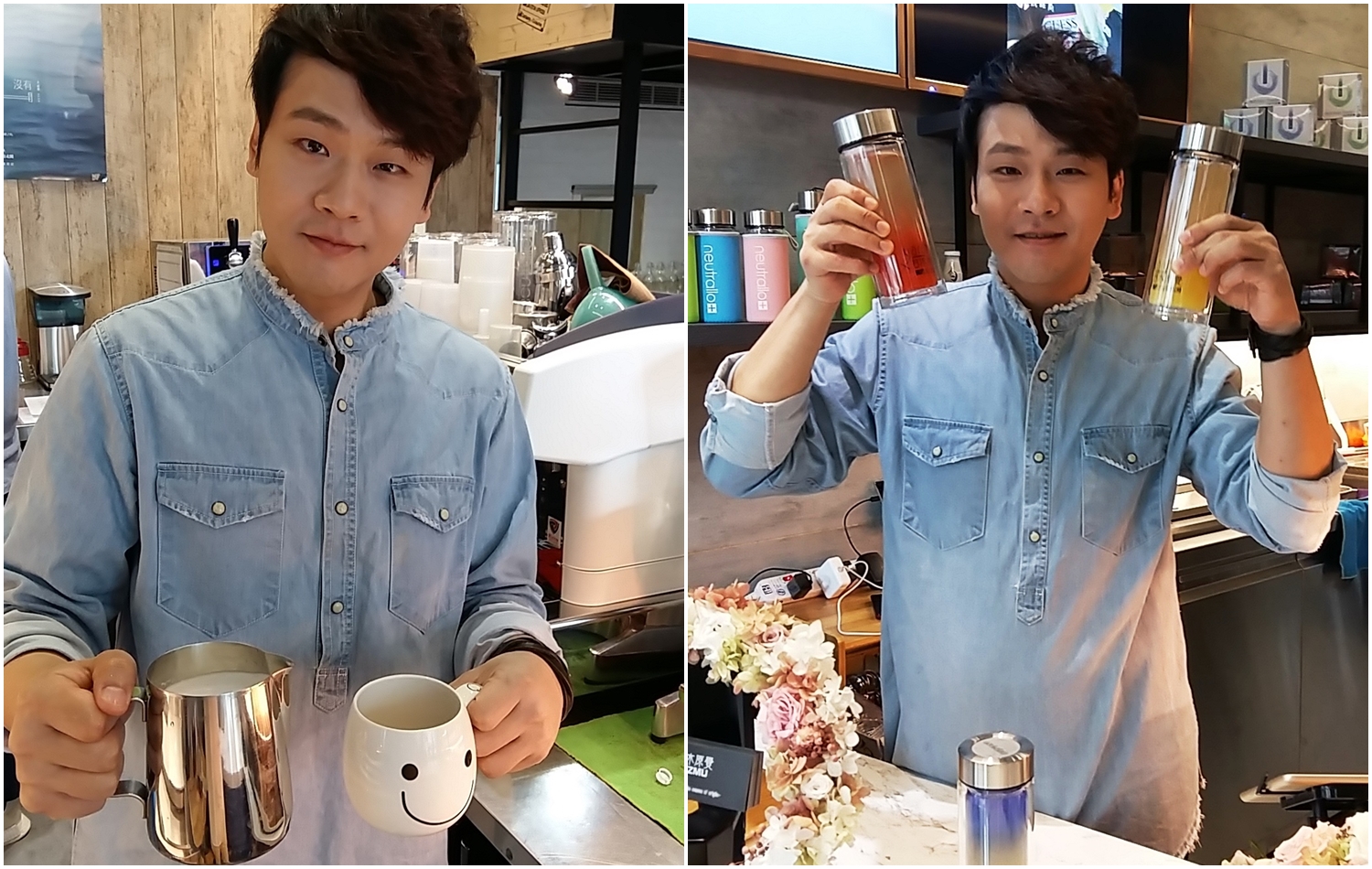 李崗霖（左）很愛喝黑咖啡，每天至少喝一杯黑咖啡是他多年來養成的習慣。他自資3百萬元發行新專輯，日前更到飲料店擔任一日店長。