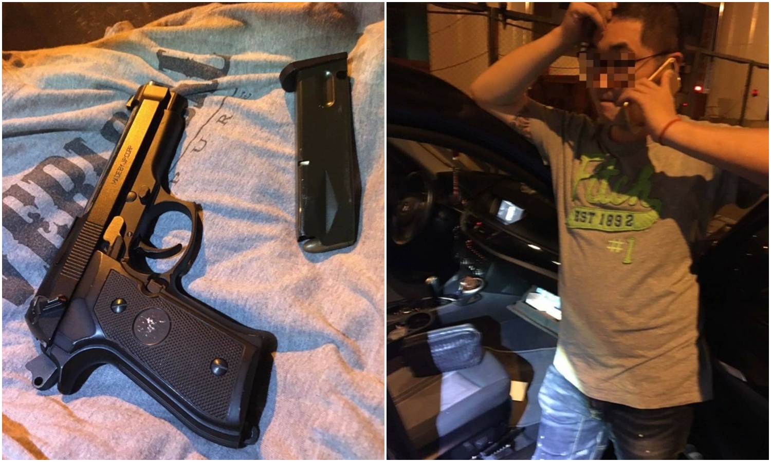 洪某隨身攜帶改造槍枝（左），增加江湖行情，卻被通緝犯小弟連累，一臉無奈（右）。