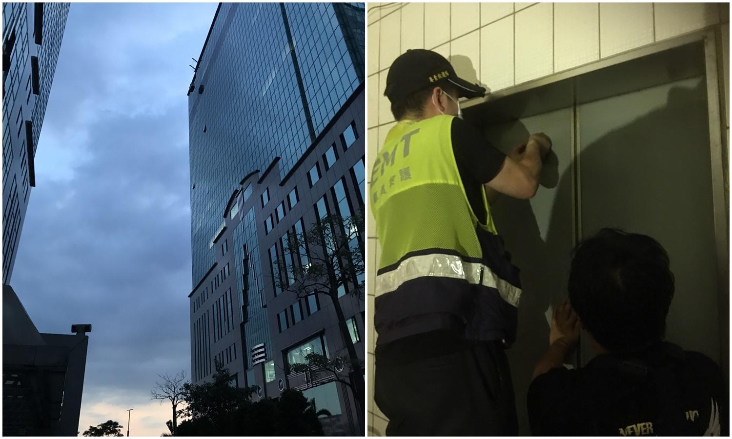 洗窗工人因停電而卡在4樓和9樓而動彈不得,所幸被有驚無險地救下(圖左)。板橋母女被受困電梯內近半小時,被消防隊員救出(圖右)。