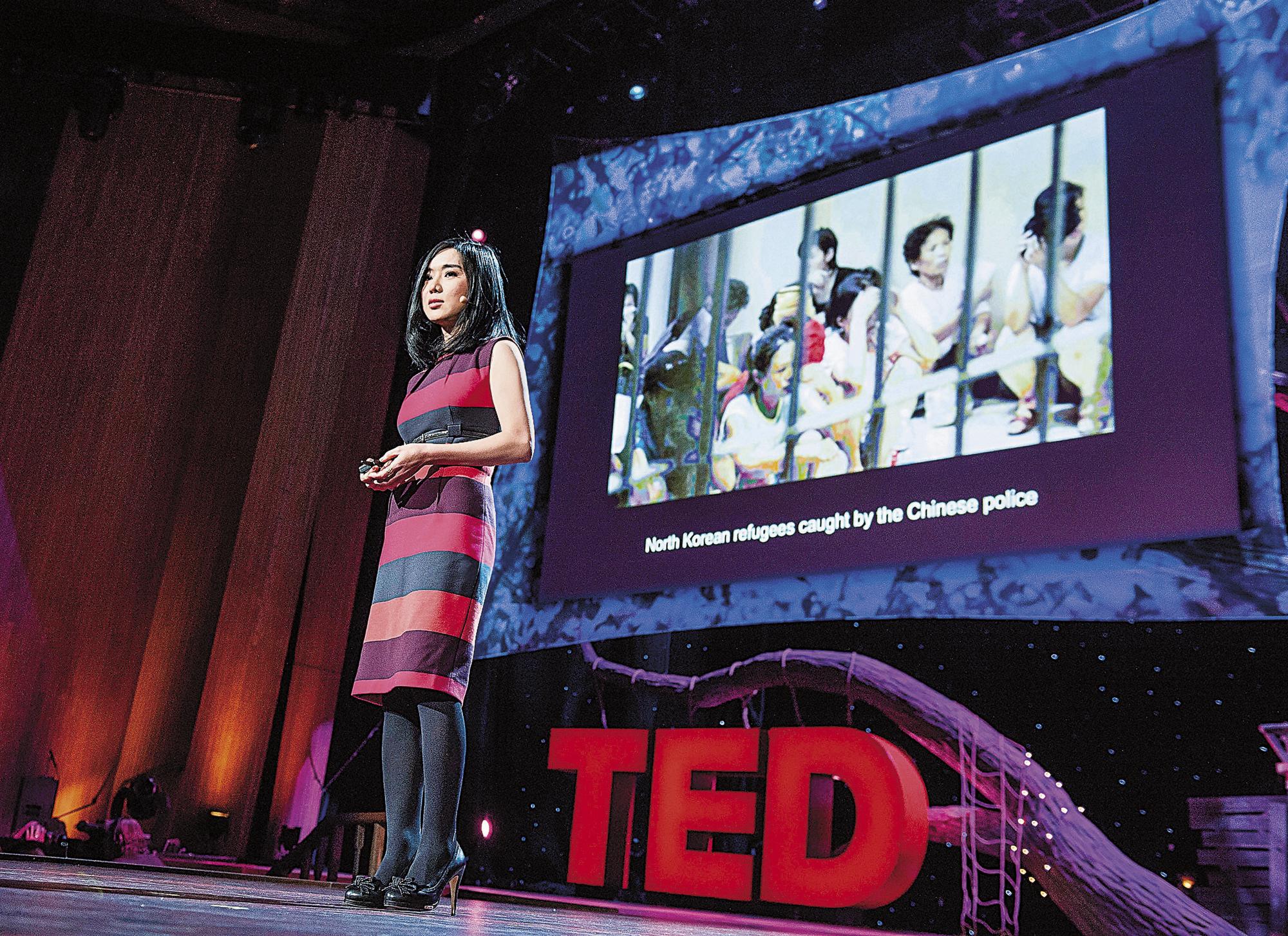 2013年李晛瑞在TED演講對世界分享她的脫北經驗,該影音上線至今,累積850萬點閱。(翻攝網路)