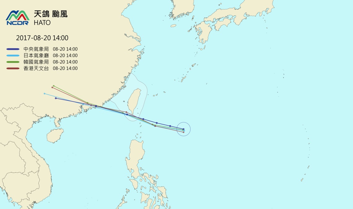 各國預測輕颱天鴿的路徑，都是朝巴士海峽靠近恆春半島的方向前進。
