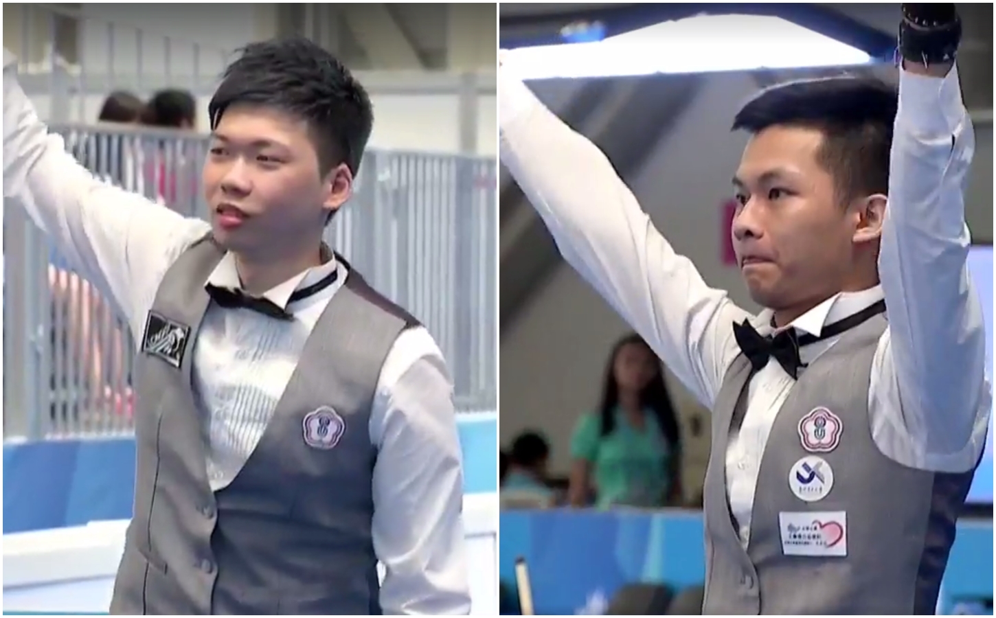 中華隊選手劉政杰（左）和許睿安（右）今日下午「內戰」爭奪撞球男單金牌。（取自Taipei 2017 Universiade世大運直播影片）