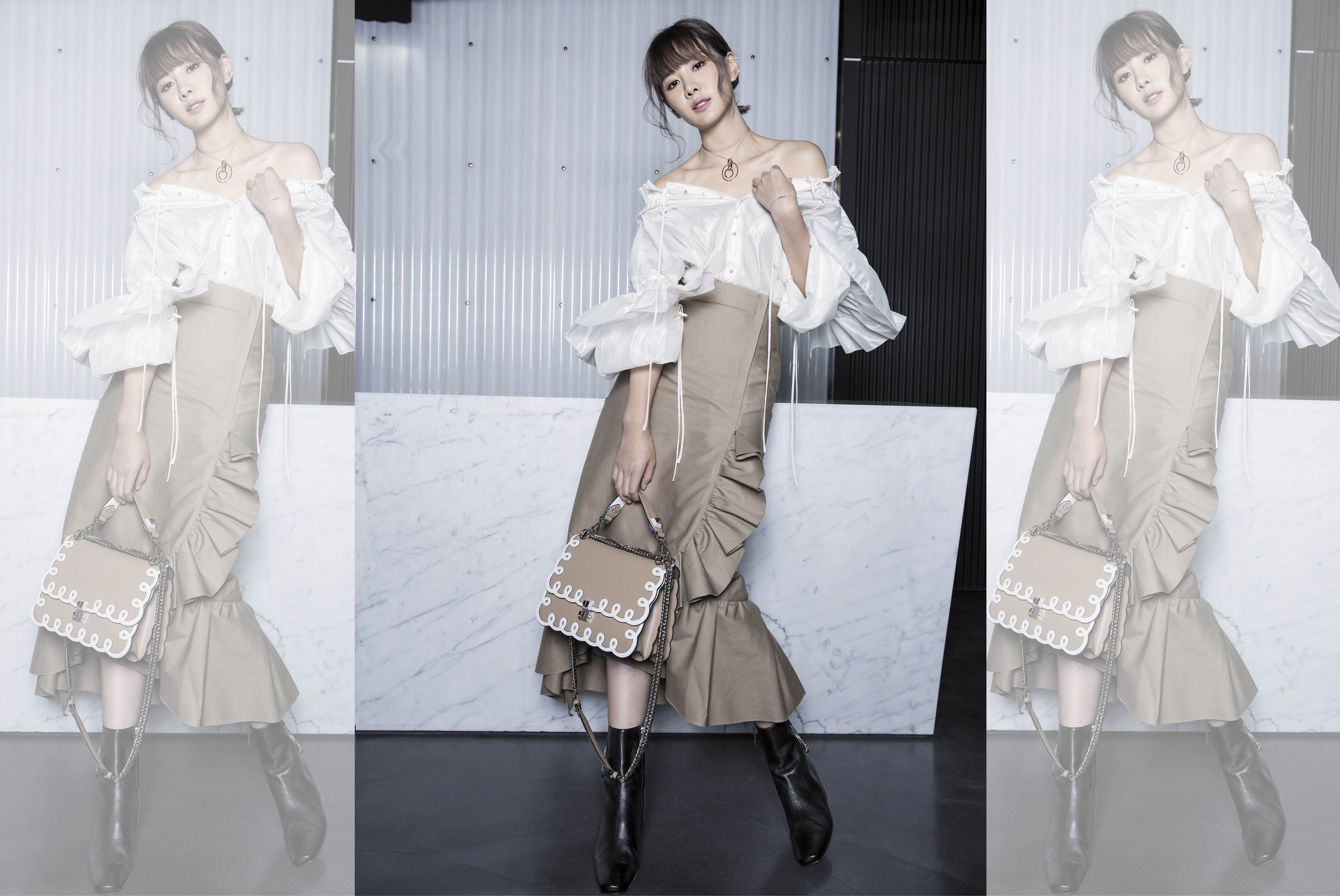 IRENE白色抽繩光澤感露肩蓬袖襯衫。NT$17,500 IRENE荷葉邊長裙。NT$16,000 FENDI KAN I系列包款。NT$122,000 Dorateymur踝靴。NT$18,500