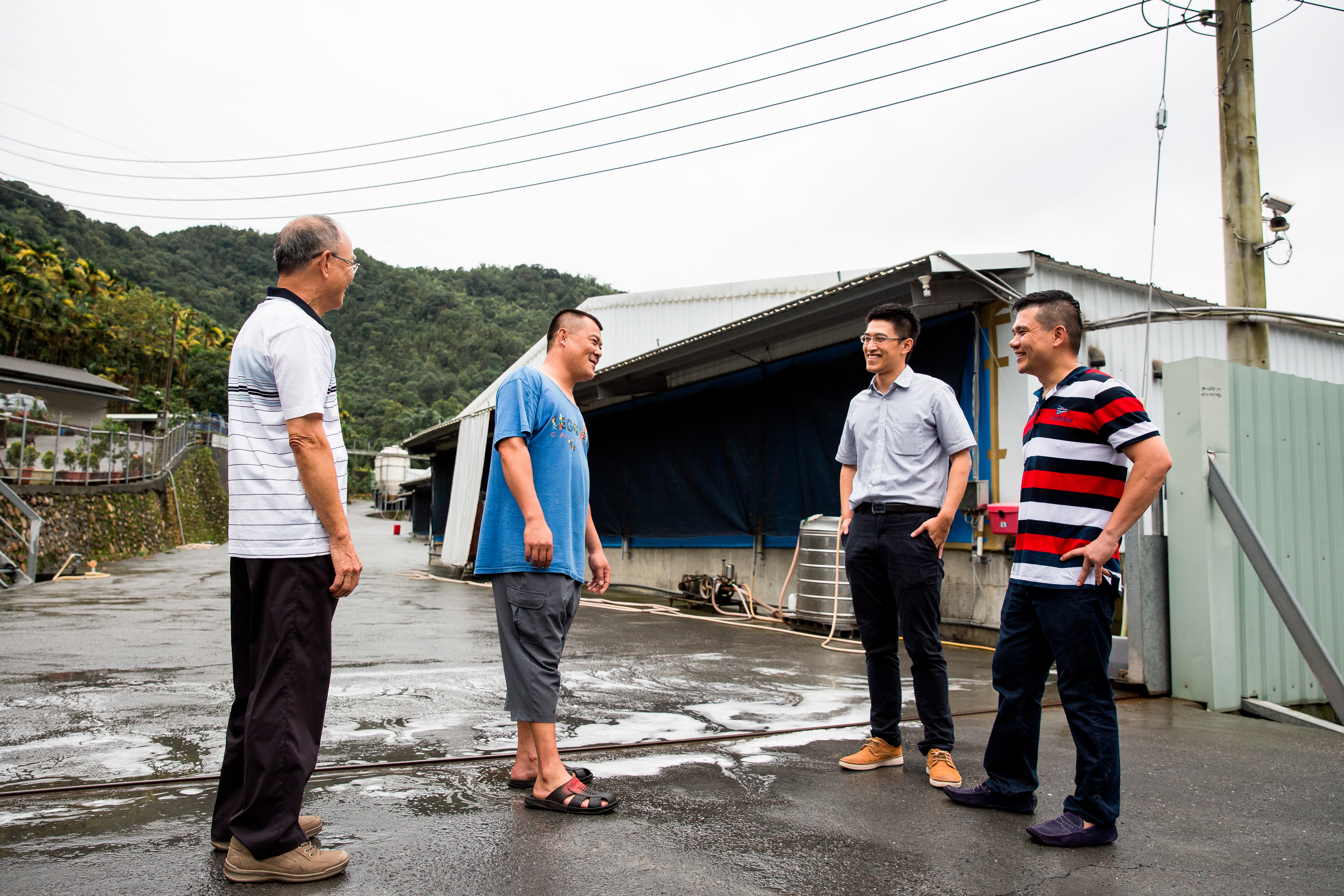 十八養場的養雞場目前交由飼養經驗豐富的老手幫忙飼養，江振德（右一）和蔡俊興（右二）則不定期前往巡場。