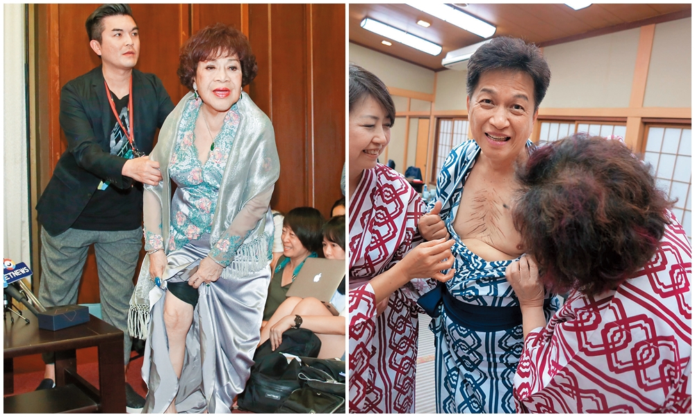 老吾老以及人之老，阿姑開婚變記者會，不忘爆乳、露腿、又哭又罵，展現進擊的正宮姿態（左圖）。本刊取得阿姑、張姓獅奶跟李朝永的合照（右圖），過去阿姑跟李朝永被稱為「神鵰俠侶」，於是這幅畫面可稱「雙姥賞男乳」。