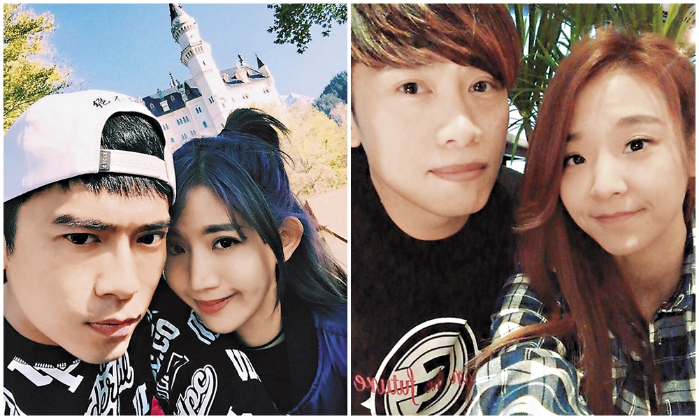 陳艾琳（左2）跟阿翔（左1）2015年結婚，兩人如膠似漆，不料婚後1年就生變。（左圖翻攝自阿翔IG）。而阿翔被拍到和女星林匯喬（右1）過夜，然而女方已經論及婚嫁，未婚夫還是歌手林大晉的弟弟。（右圖為讀者提供）