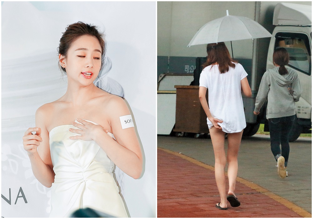 鬼鬼（左圖）出席美臉活動，身為晨翔舊愛的她，感覺隔空回應晨翔雙享強國妹的緋聞；或許因為褲子太短，李墨之（右圖）的屁股一直吃布，猛挖猛摳。