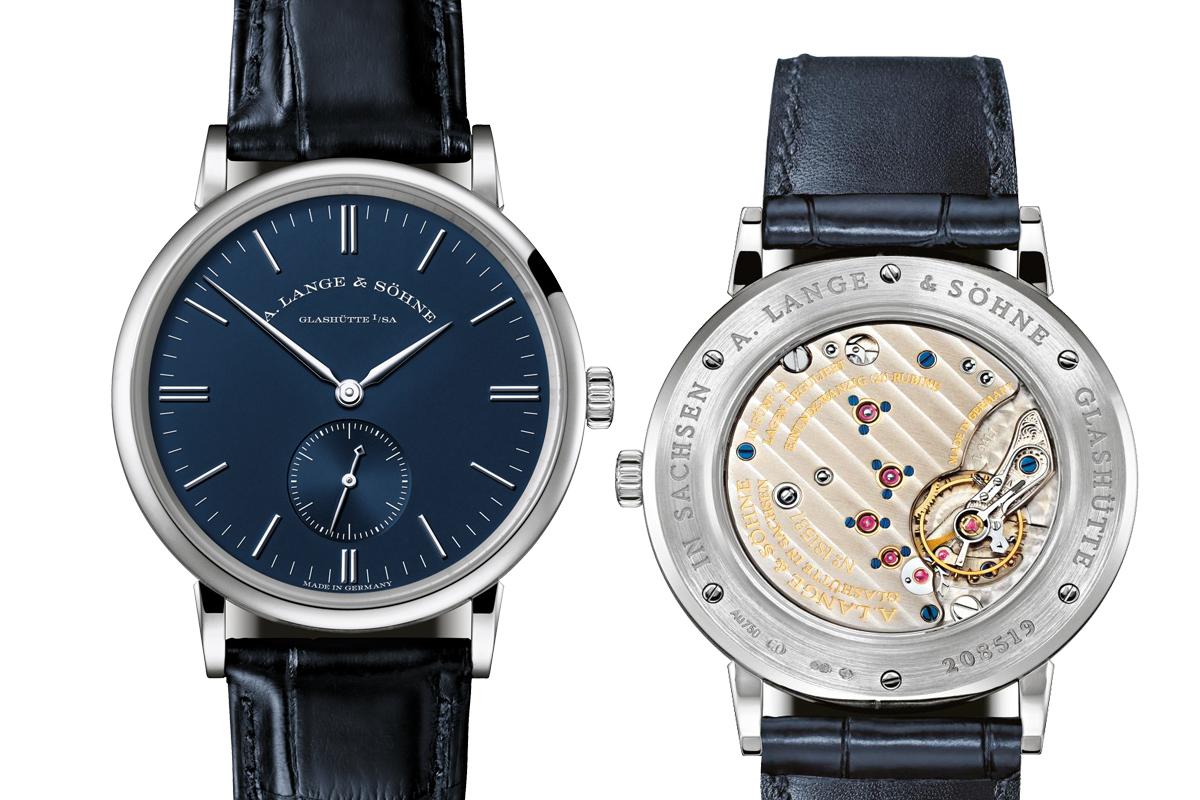 Saxonia藍面款式，35mm白金錶殼搭載L941.1手動上鍊機芯，定價NT$479,000。