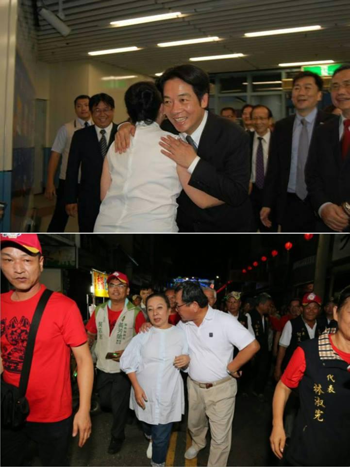 陳明文也在臉書貼出他搭張花冠的肩,與張花冠擁抱行政院長賴清德的對照圖。(翻攝陳明文臉書)