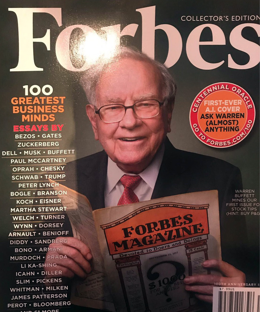 美國富比士雜誌（Forbes）慶祝創刊100週年，選了全球百大現今最偉大商業思想家，封面為「股神」巴菲特，台積電董事長張忠謀也名列百大商業思想家。（台積電提供）