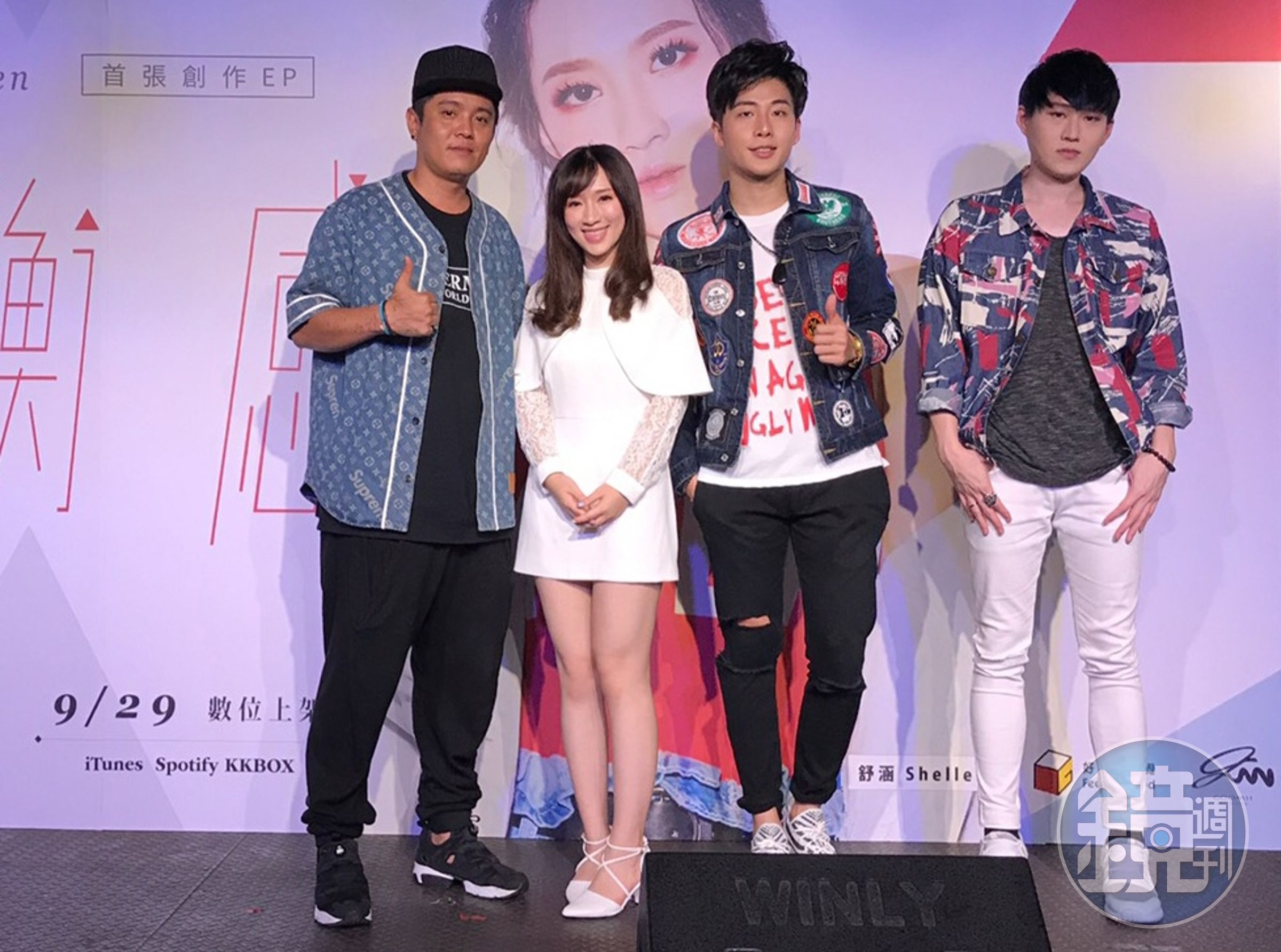 舒涵17直播的同事倪耐斯（左起）、李建軒及張祠語現身發片記者會站台。