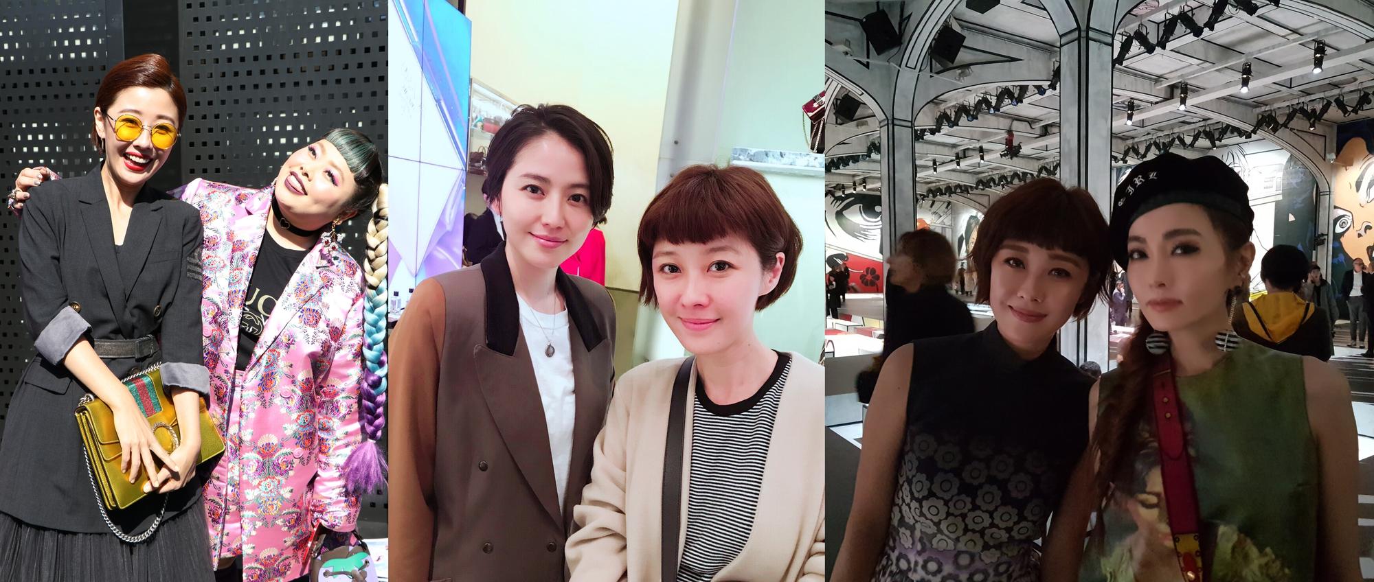 李維維在米蘭時裝週各大秀場,巧遇女神渡邊直美(左起)、長澤雅美和謝金燕。(伊林娛樂提供)