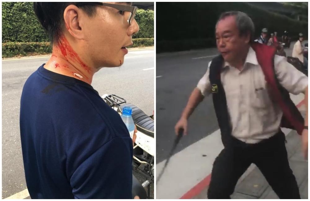 學生(左)遭男子持甩棍攻擊,北市警方查出施暴男子為統促黨胡姓男子(右)。(右圖擷取自陳家鼎臉書)