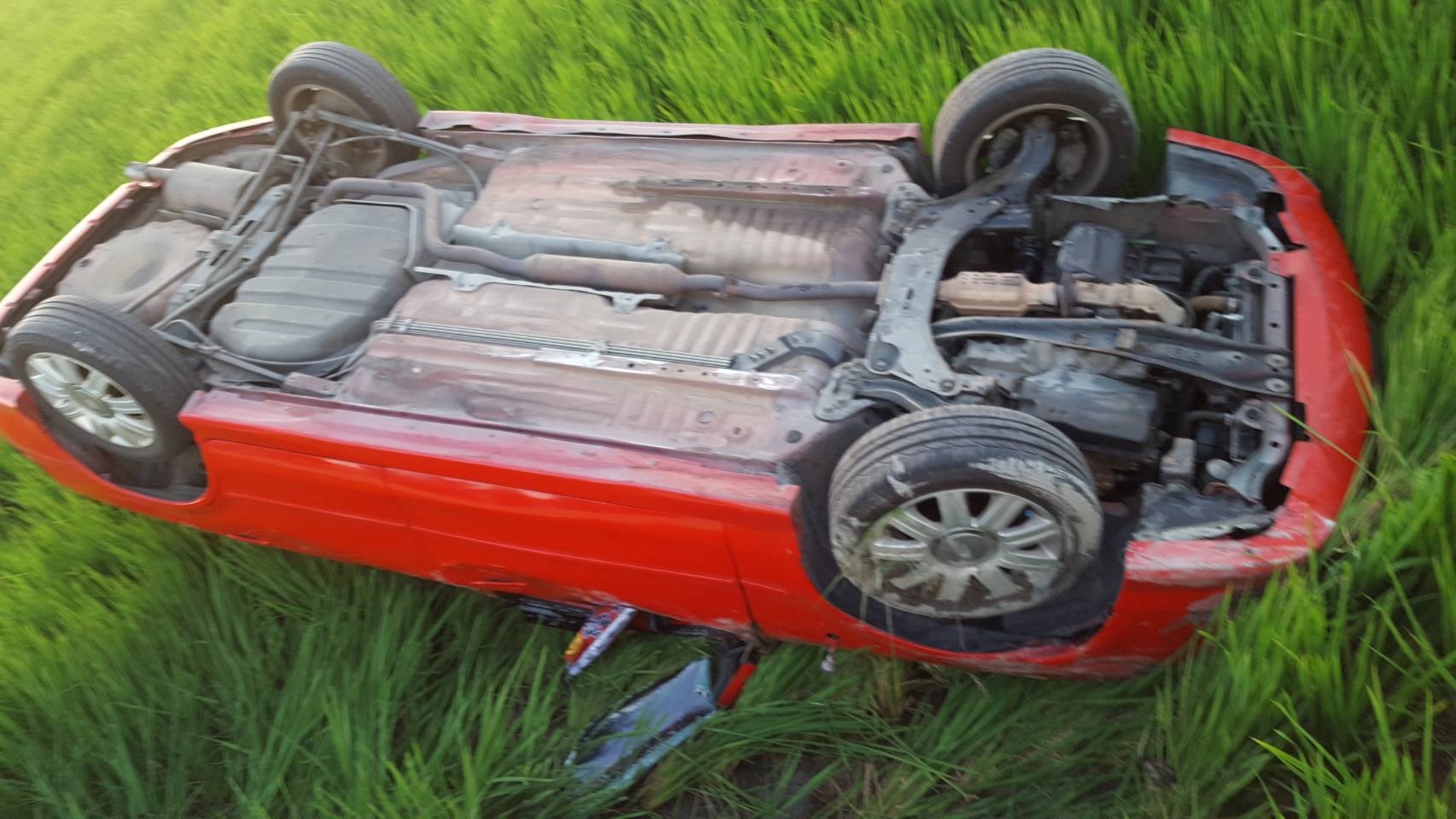 陳姓毒蟲駕車衝入農田，車子傷痕累累，車主直呼倒楣。