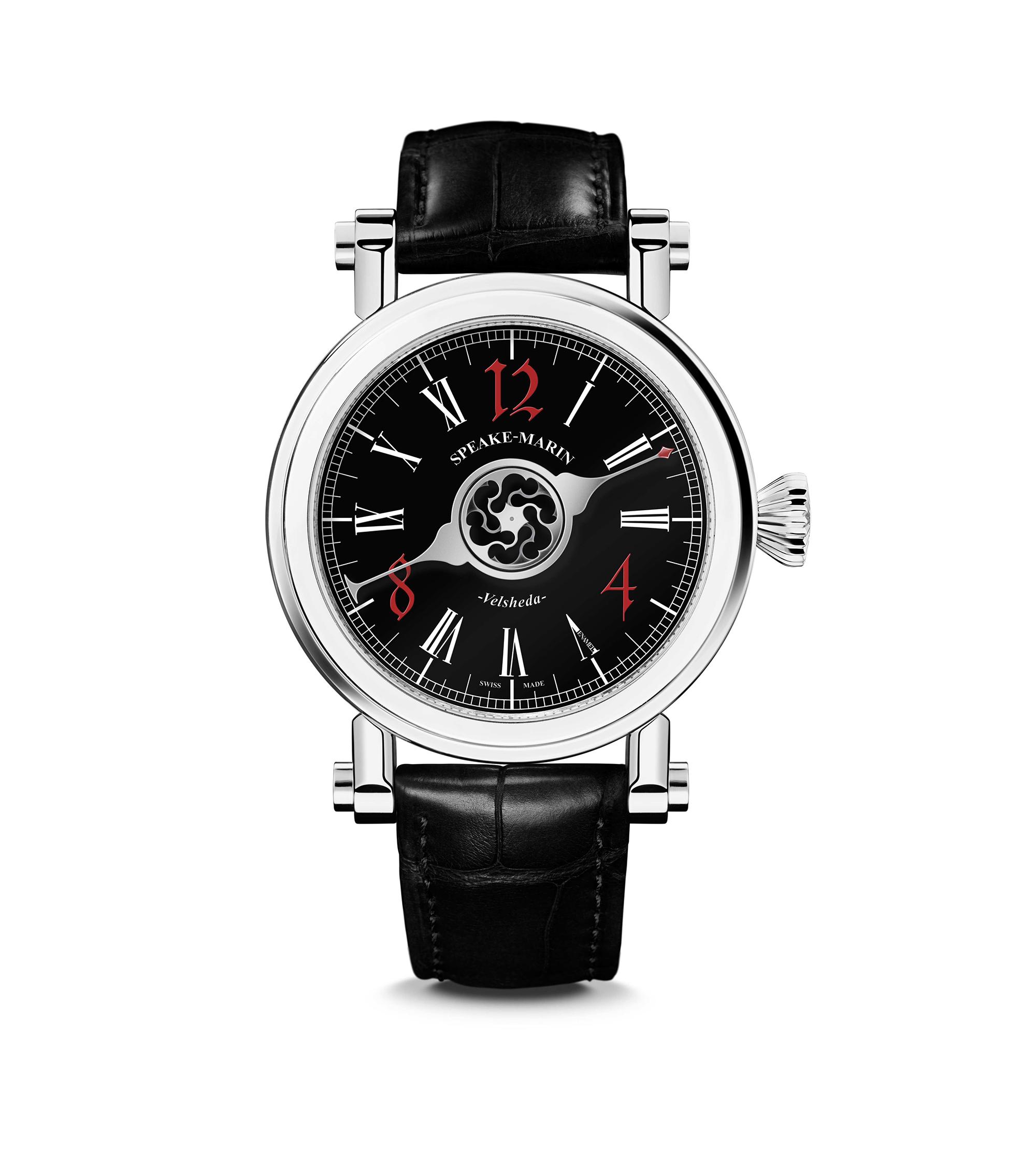 SPEAKE-MARIN Black Velsheda Gothic，可以算是展內的「入門款」。時標刻度的樣式與配色，以及錶耳錶冠的造型非常有趣。定價NT$492,000，全球限量16只。