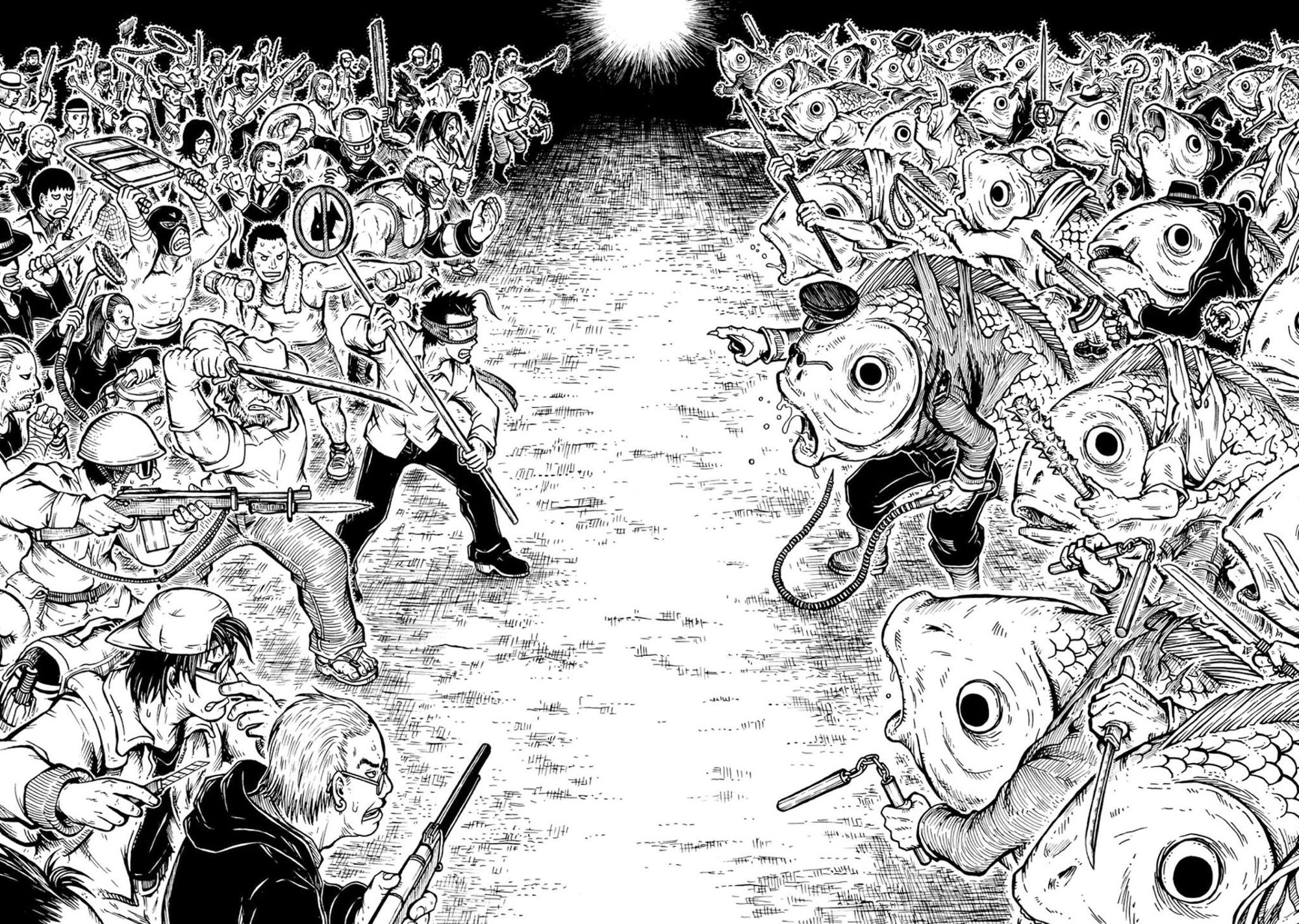 李隆杰有「怕魚恐懼症」，藉由漫畫宣揚魚類的恐怖。圖為《怕魚的男人》人類對抗半魚人的經典一幕。
