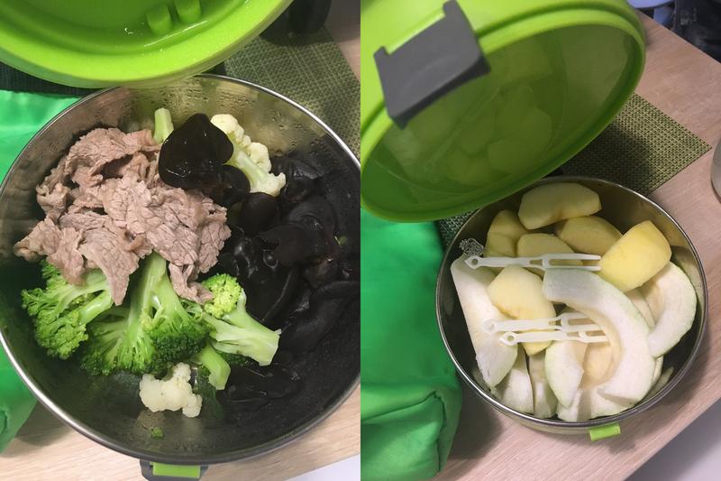 歐陽娜娜的便當盒是水果和水煮牛肉及青菜,看得出她為瘦身過得辛苦。
